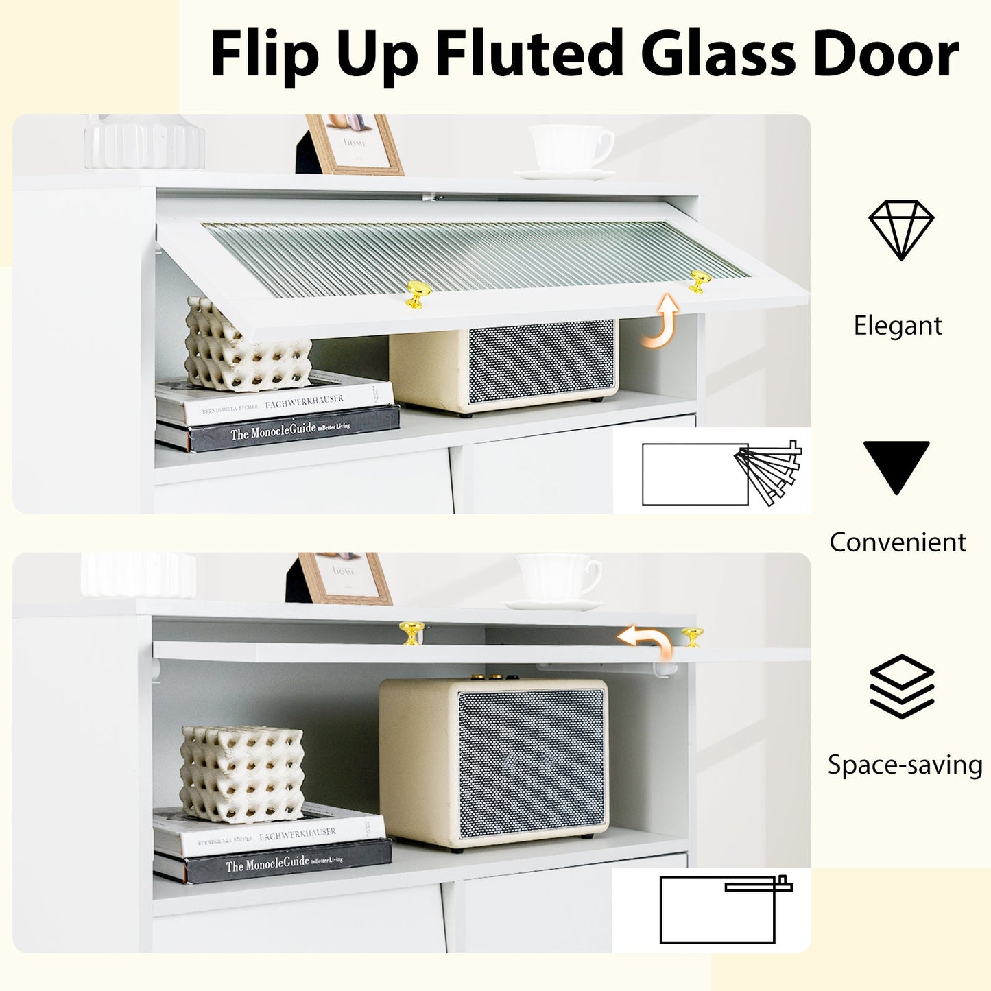 Chest of Drawers with Flip Up Fluted Glass Door for Bedroom Kitchen-Gray