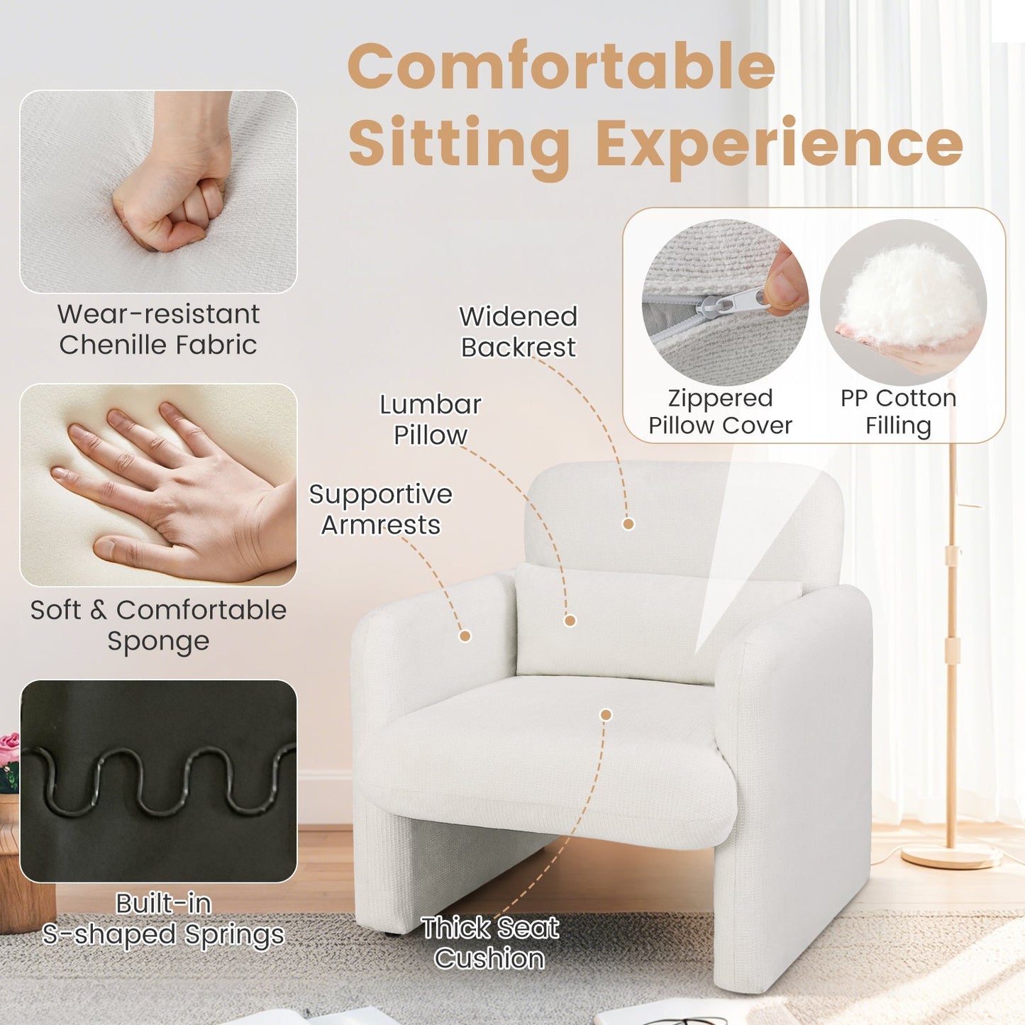 Modern Upholstered Chenille Accent Chair with Removable Lumbar Pillow-White