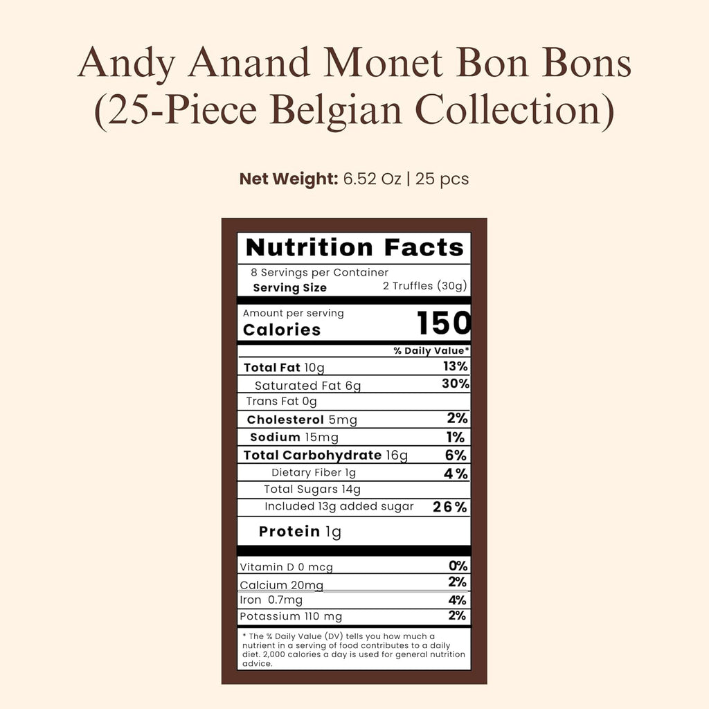 Andy Anand Monet Chocolate Bonbons Gift Box, 25 pc, 6.52 oz – Gluten-Free Belgian Truffles & Pralines, Birthday & Holiday Gift Collection