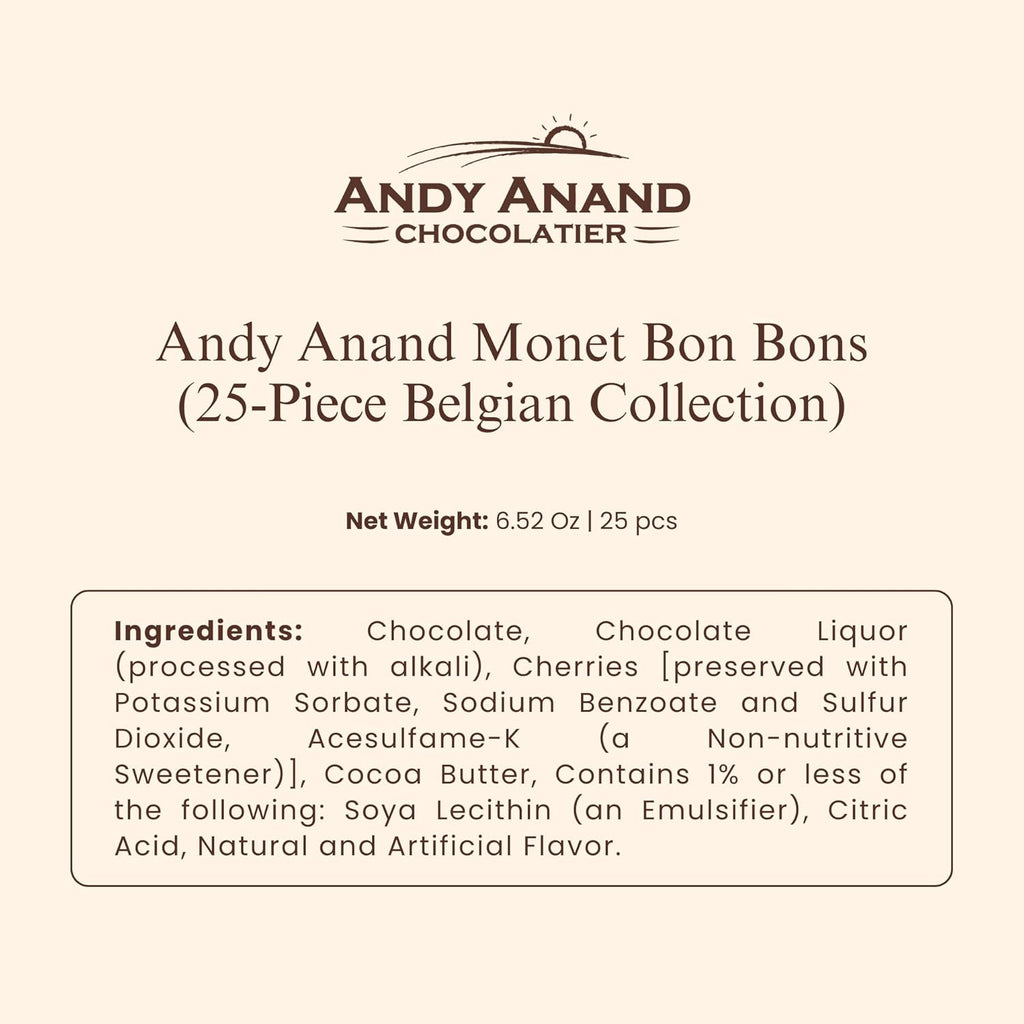 Andy Anand Monet Chocolate Bonbons Gift Box, 25 pc, 6.52 oz – Gluten-Free Belgian Truffles & Pralines, Birthday & Holiday Gift Collection