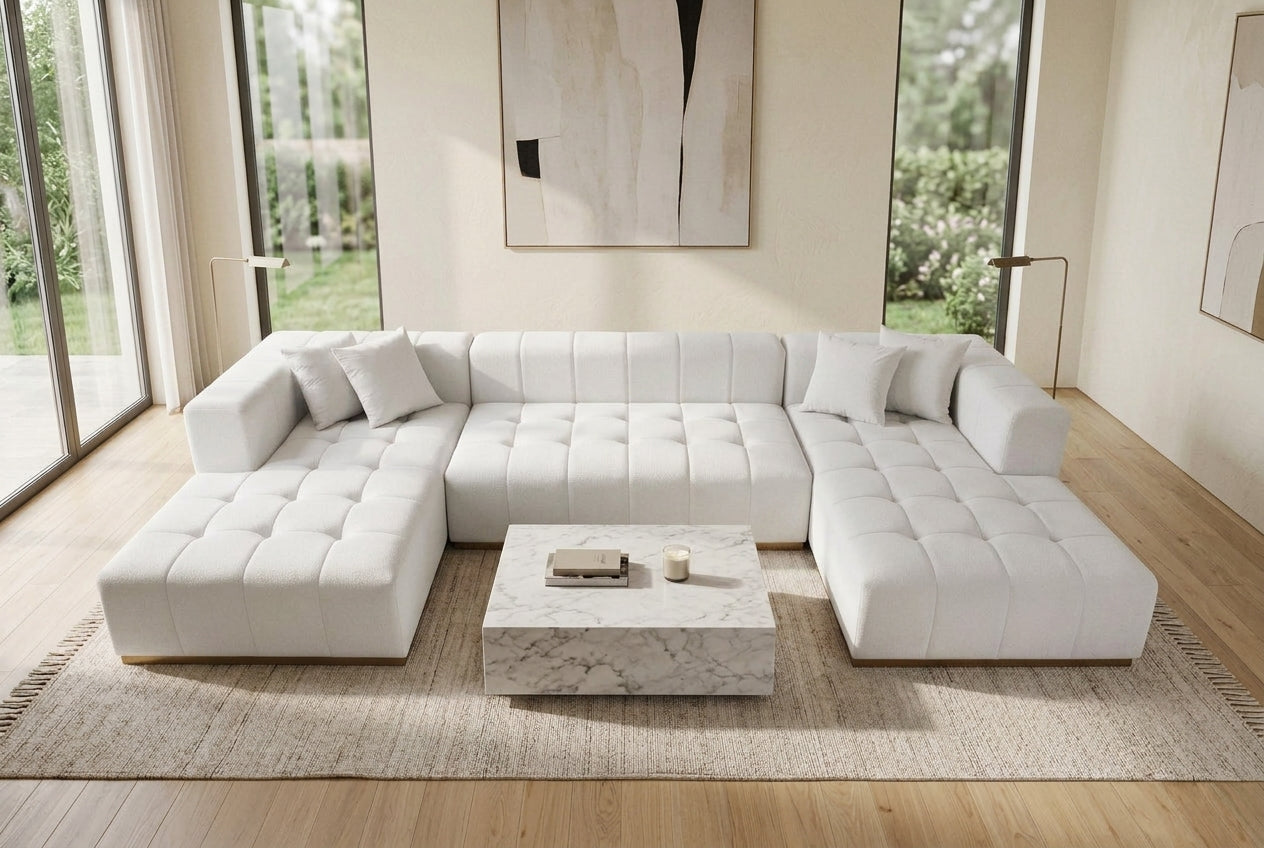 Montecito Ivory Velvet Double Chaise "U" Shape Sectional Sofa