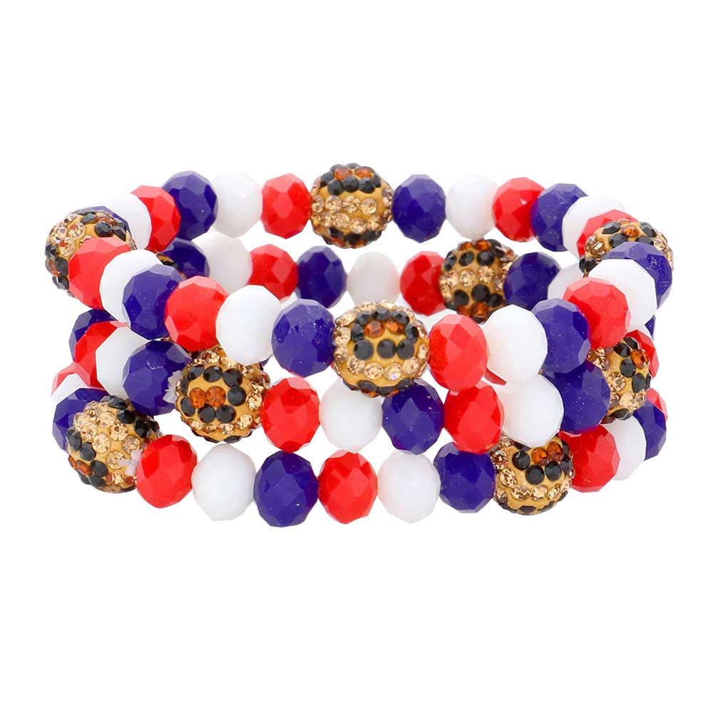 3PCS Leopard USA Flag Shamballa Bead Stretch Bracelets