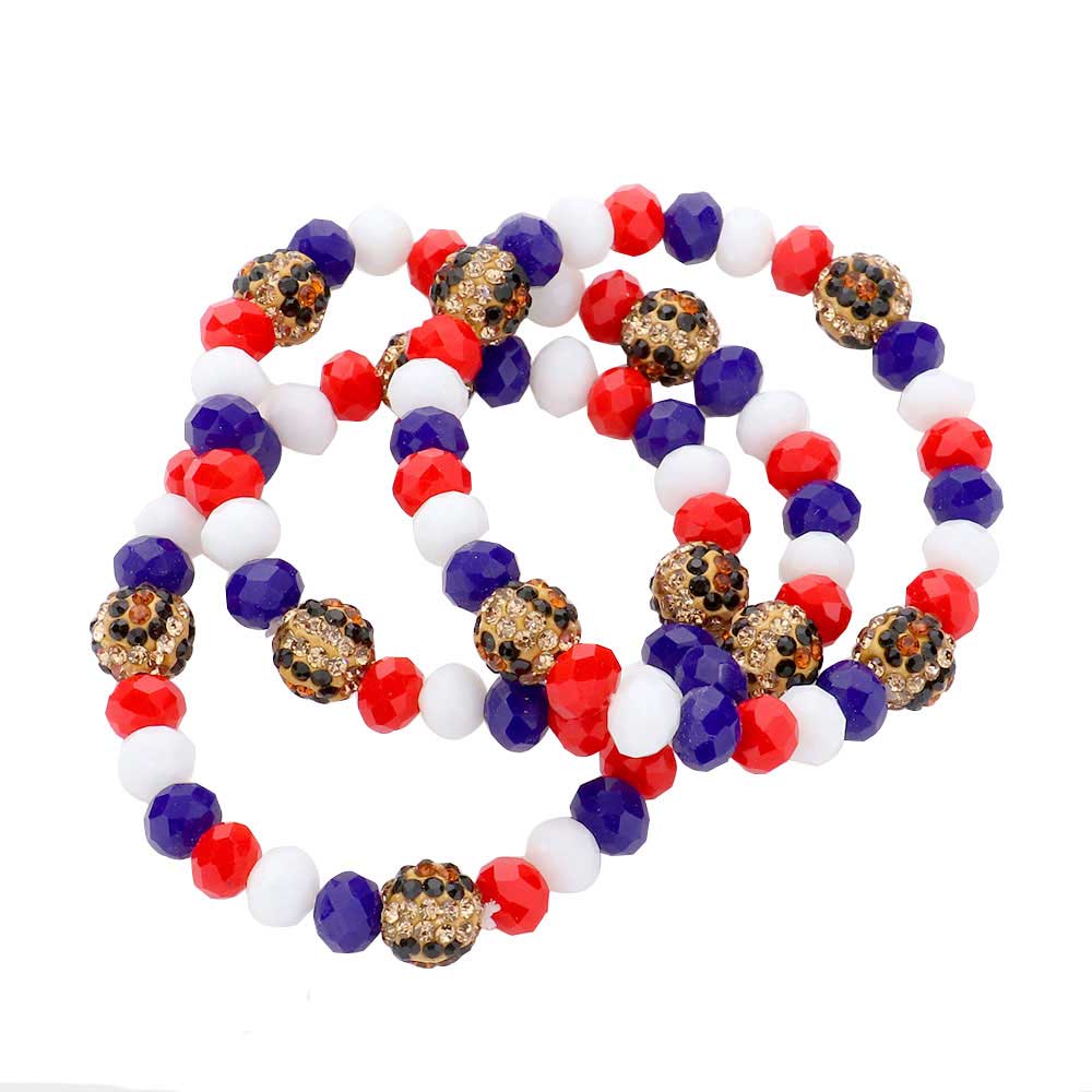 3PCS Leopard USA Flag Shamballa Bead Stretch Bracelets