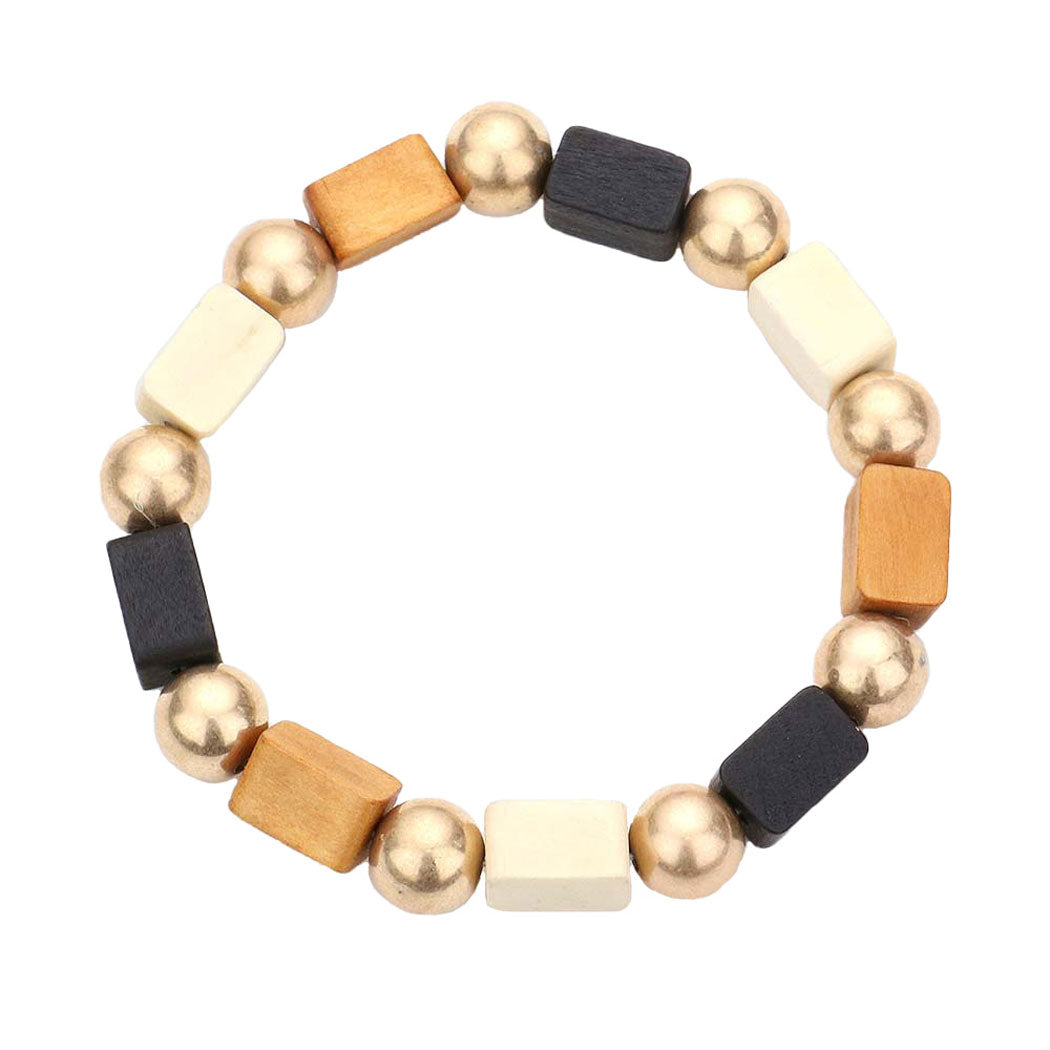 Cube Wood Metal Ball Stretch Bracelet