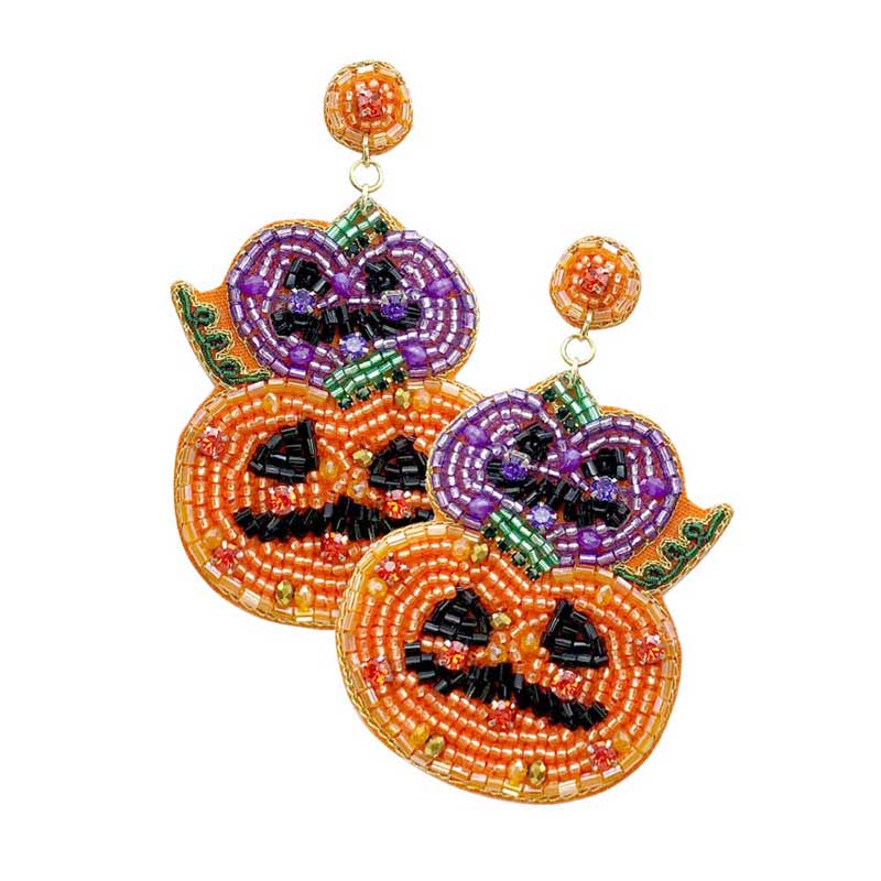 Felt Back Halloween Pumpkin Beaded Dangle Earrings
