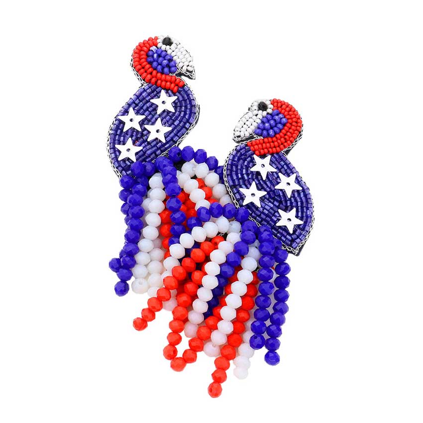 Felt Back USA Flag Flamingo Beaded Beads Tassel Earrings