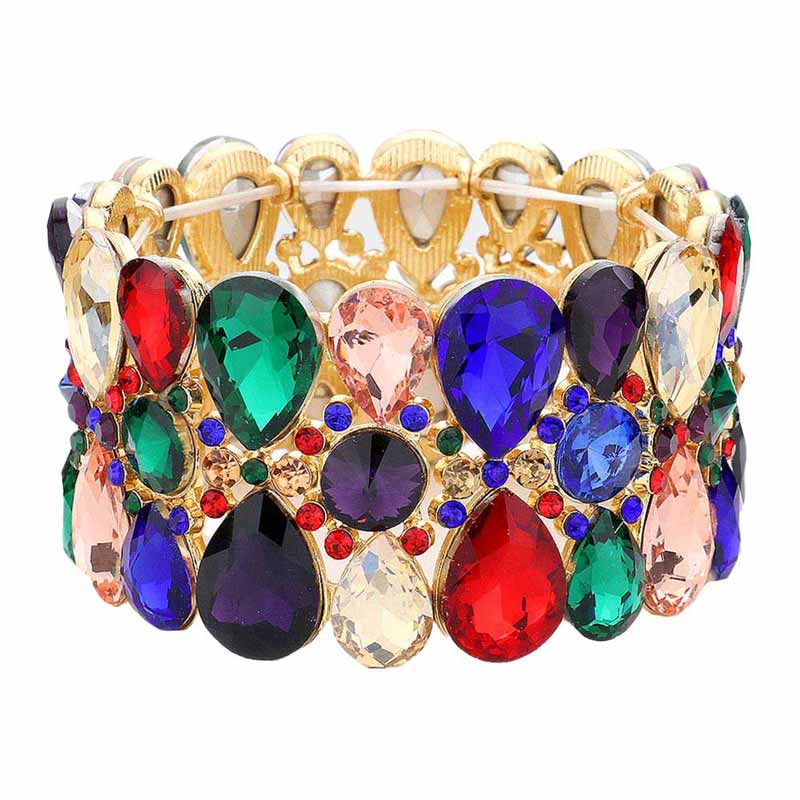 Pear Crystal Floral Rhinestone Stretch Evening Bracelet