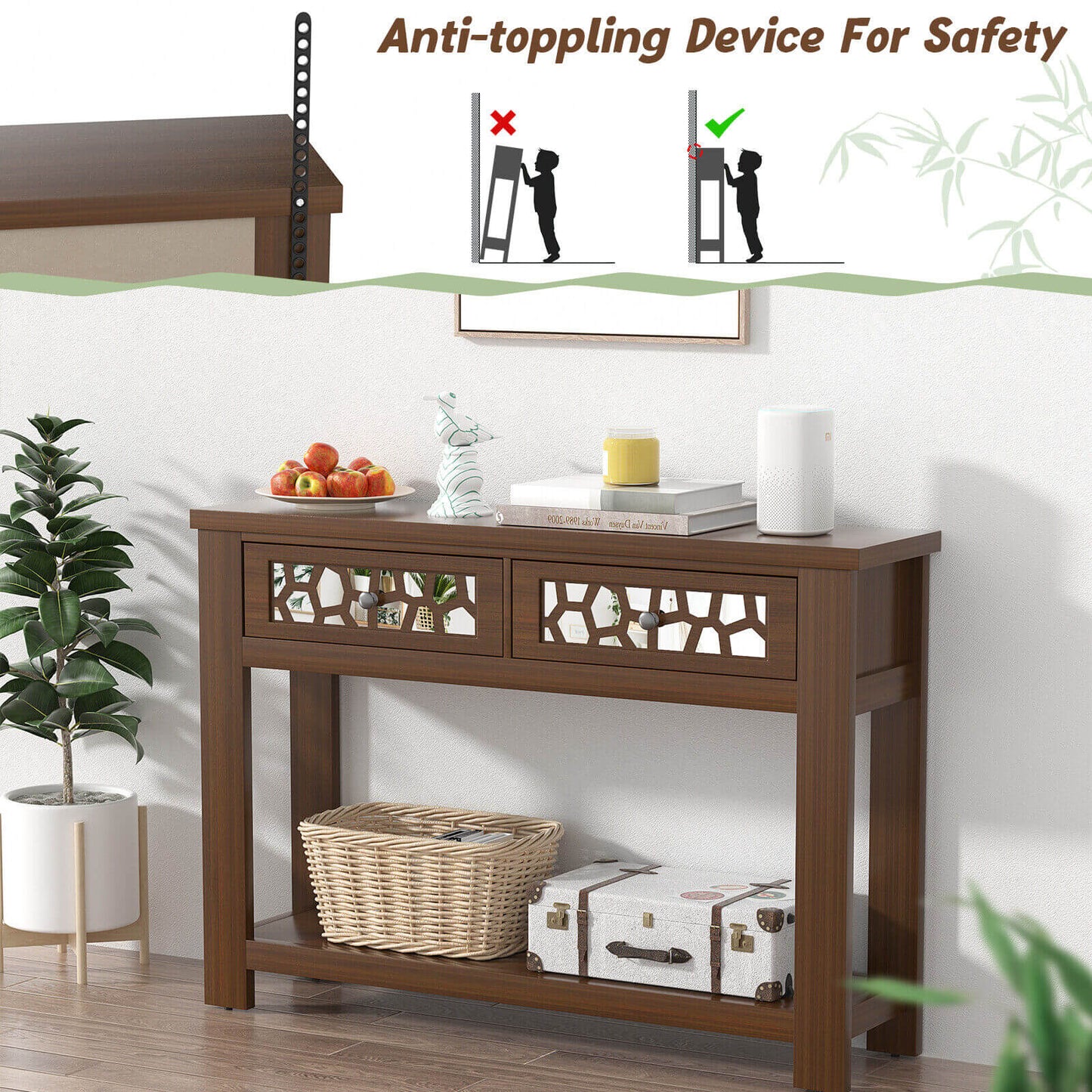 2-Tier Console Table with Drawers and Open Storage Shelf