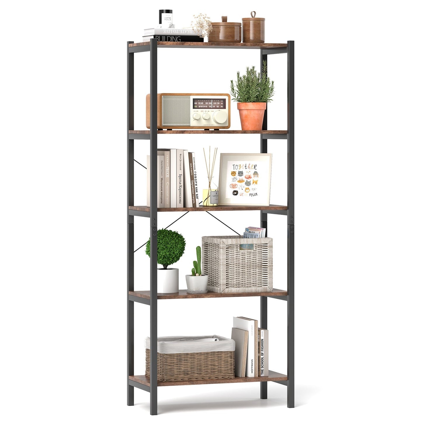 5-Tier Industrial Bookshelf Display Storage Rack with Metal Frame