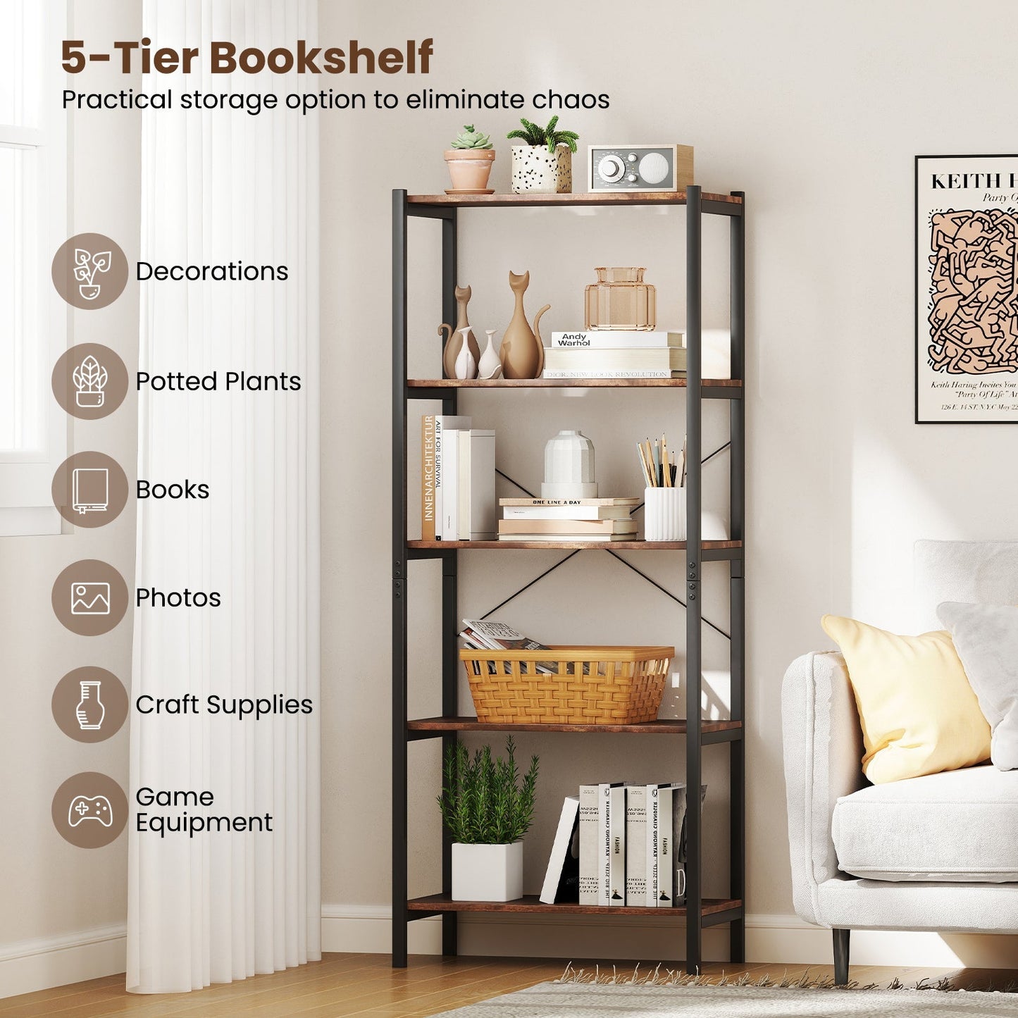 5-Tier Industrial Bookshelf Display Storage Rack with Metal Frame