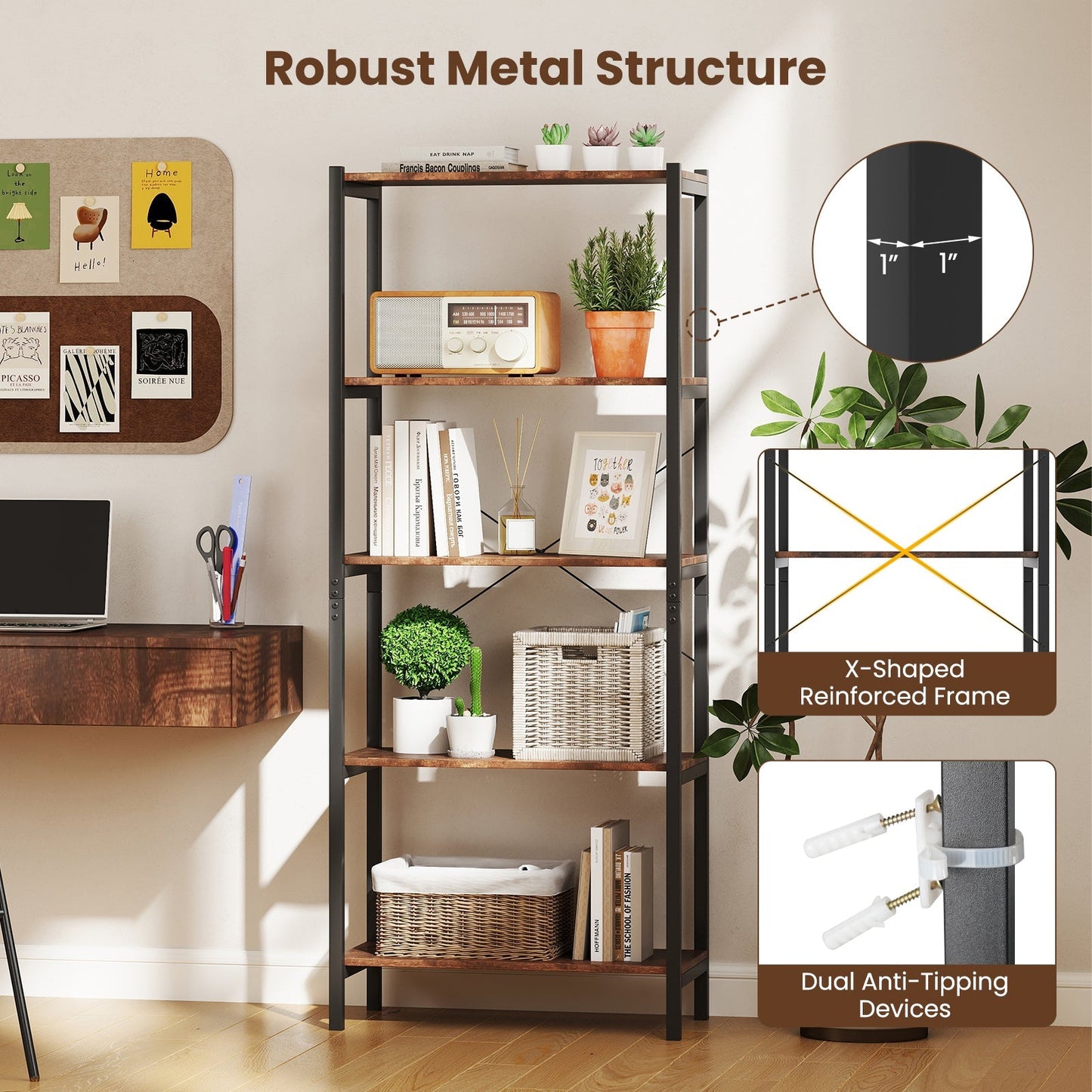 5-Tier Industrial Bookshelf Display Storage Rack with Metal Frame