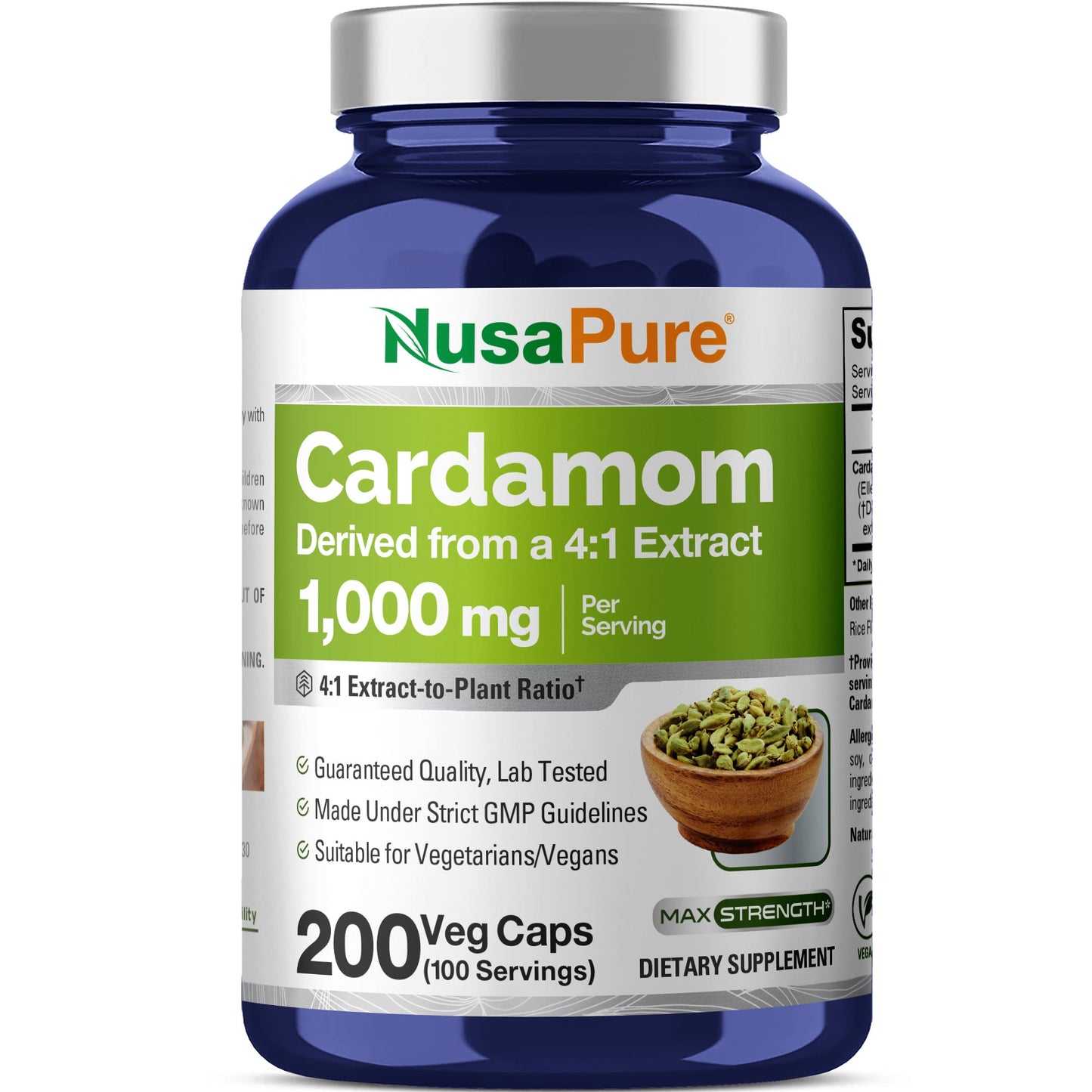 NusaPure Cardamom 4:1 Extract, 1000 mg 200 Vegetarian Capsules (Non-GMO, Vegan)
