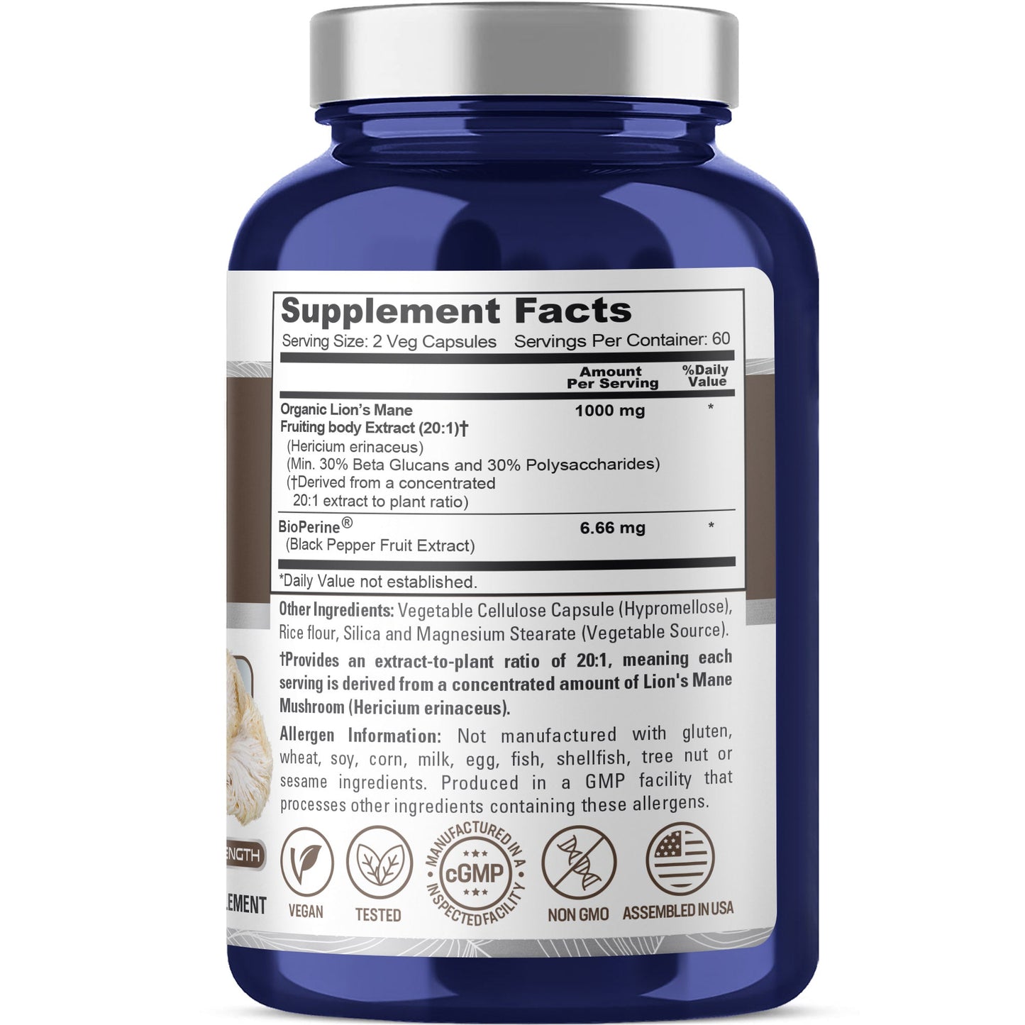 NusaPure Lions Mane 20:1 Extract 1000mg - Made with Organic Lion`s Mane, Bioperine - 30% Polysaccharides - 120 Veggie Caps. Non-GMO, Gluten Free