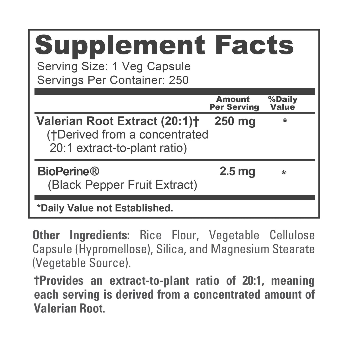 NusaPure Valerian Root 20:1 Extract, 250 mg Per Veggie Caps, 250 Count, Vegan, Non-GMO, Bioperine
