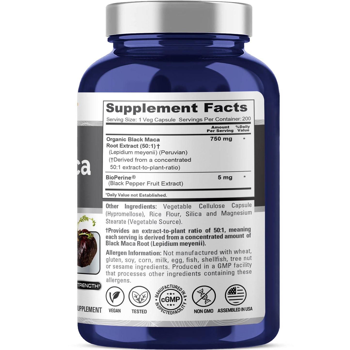 NusaPure Peruvian Black Maca Root Extract 750mg 50:1 - Suitable for Vegetarian/Vegan, Non - GMO - 37500 mg - 200 Capsules