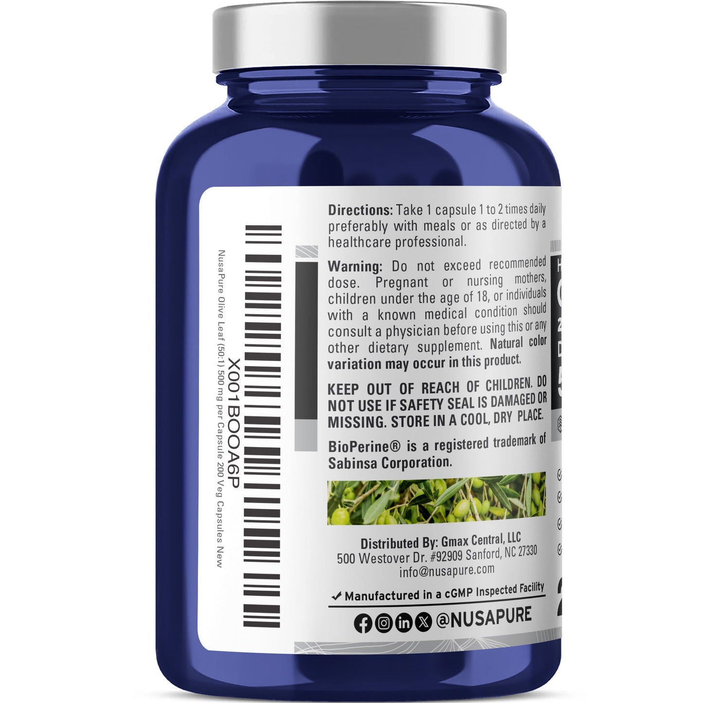 NusaPure Olive Leaf 20% Oleuropein 50:1 Extract, 500 mg 200 Veg Caps Suitable for Vegetarians and Vegans, Non-GMO