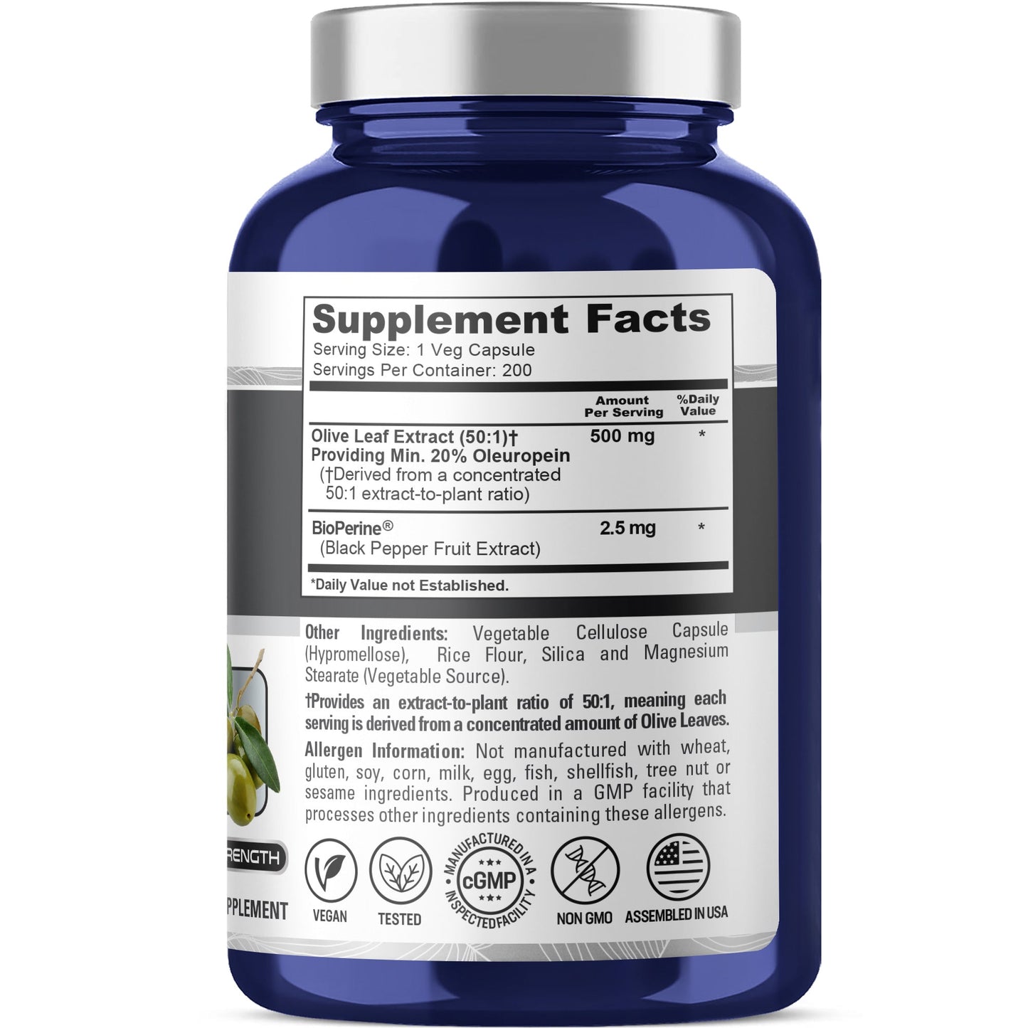 NusaPure Olive Leaf 20% Oleuropein 50:1 Extract, 500 mg 200 Veg Caps Suitable for Vegetarians and Vegans, Non-GMO