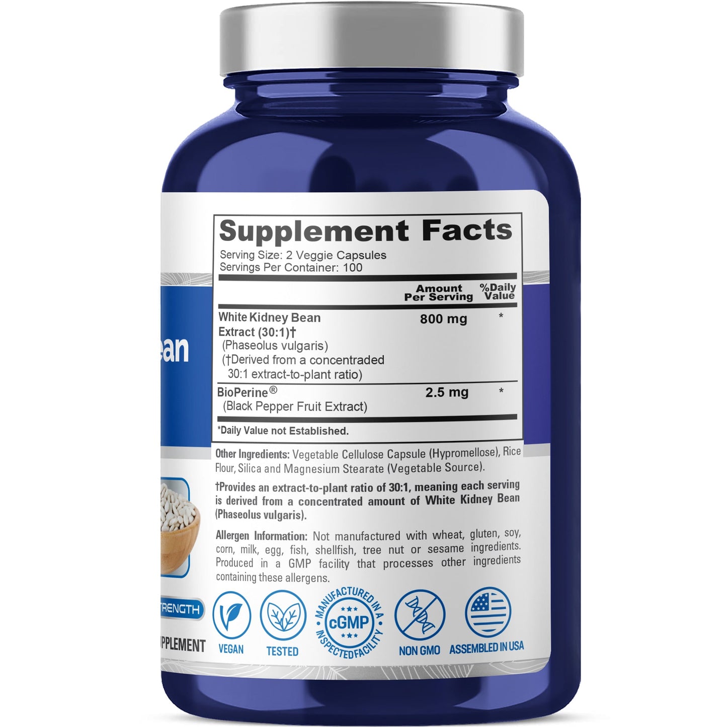 NusaPure White Kidney Beans 30:1 Extract, 800 mg 200 Vegan Capsules - Bioperine - (Vegan, Non-GMO)
