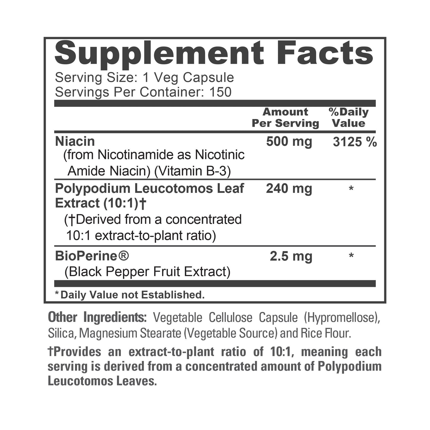 NusaPure Polypodium Nicotinamide 10:1 Extract, 240 mg per Veg Caps - 150 Count (Non-GMO, Soyfree, Bioperine)