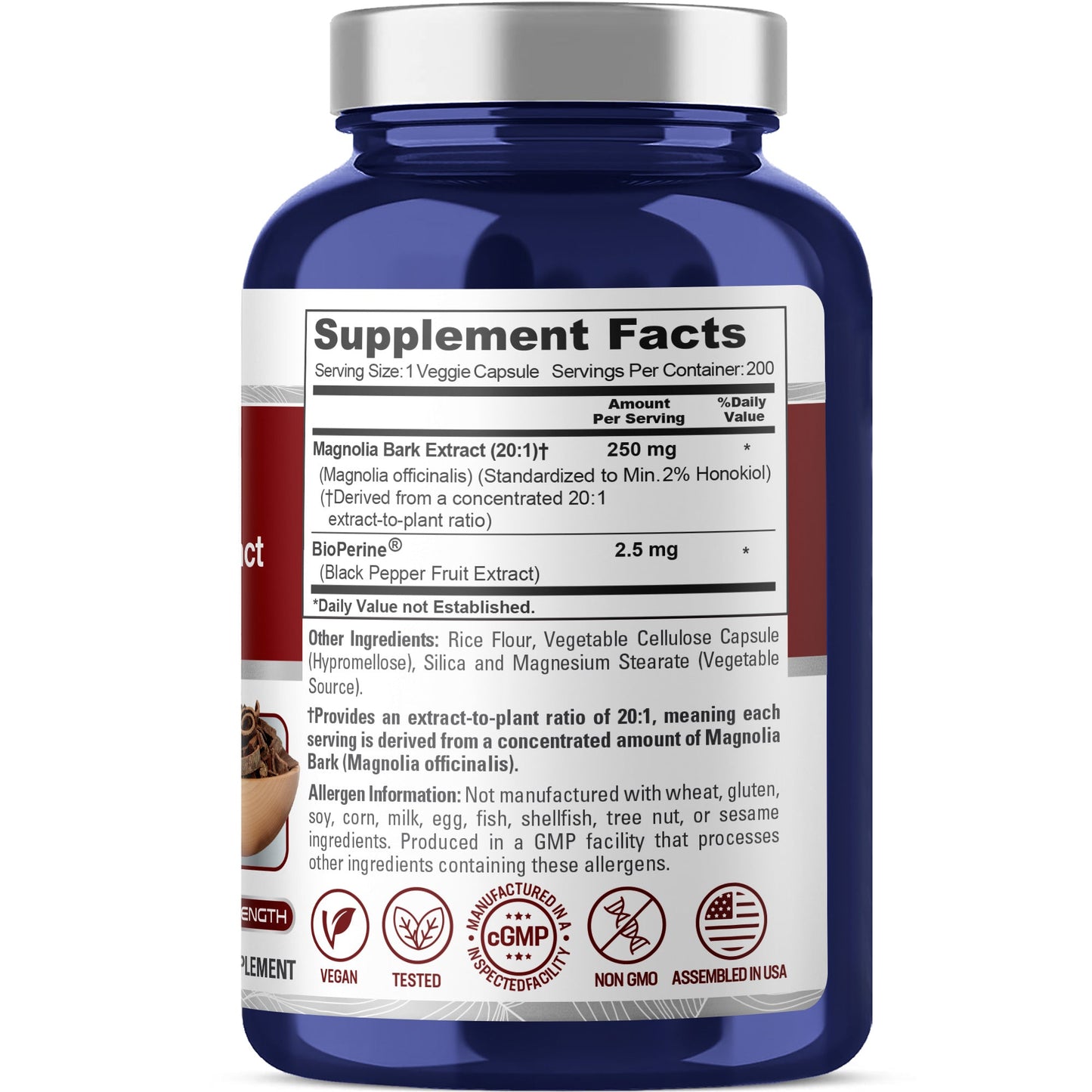 NusaPure Magnolia Bark 20:1 Extract, 250 mg 200 Vegan Vegetarian Capsules Non-GMO