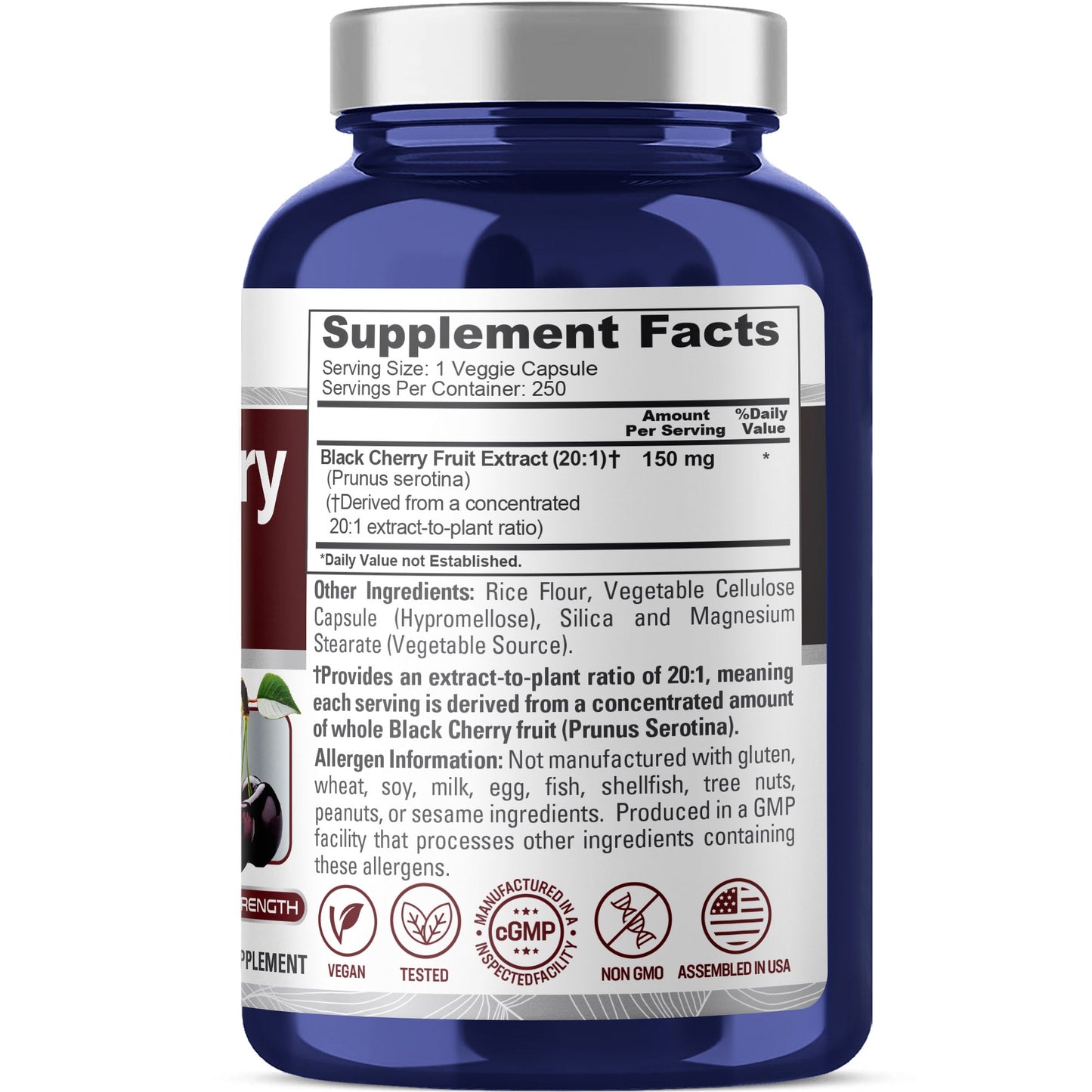 NusaPure Black Cherry Extract 20:1 - Suitable for Vegetarian/Vegan, Non - GMO - 150mg 250 Capsules
