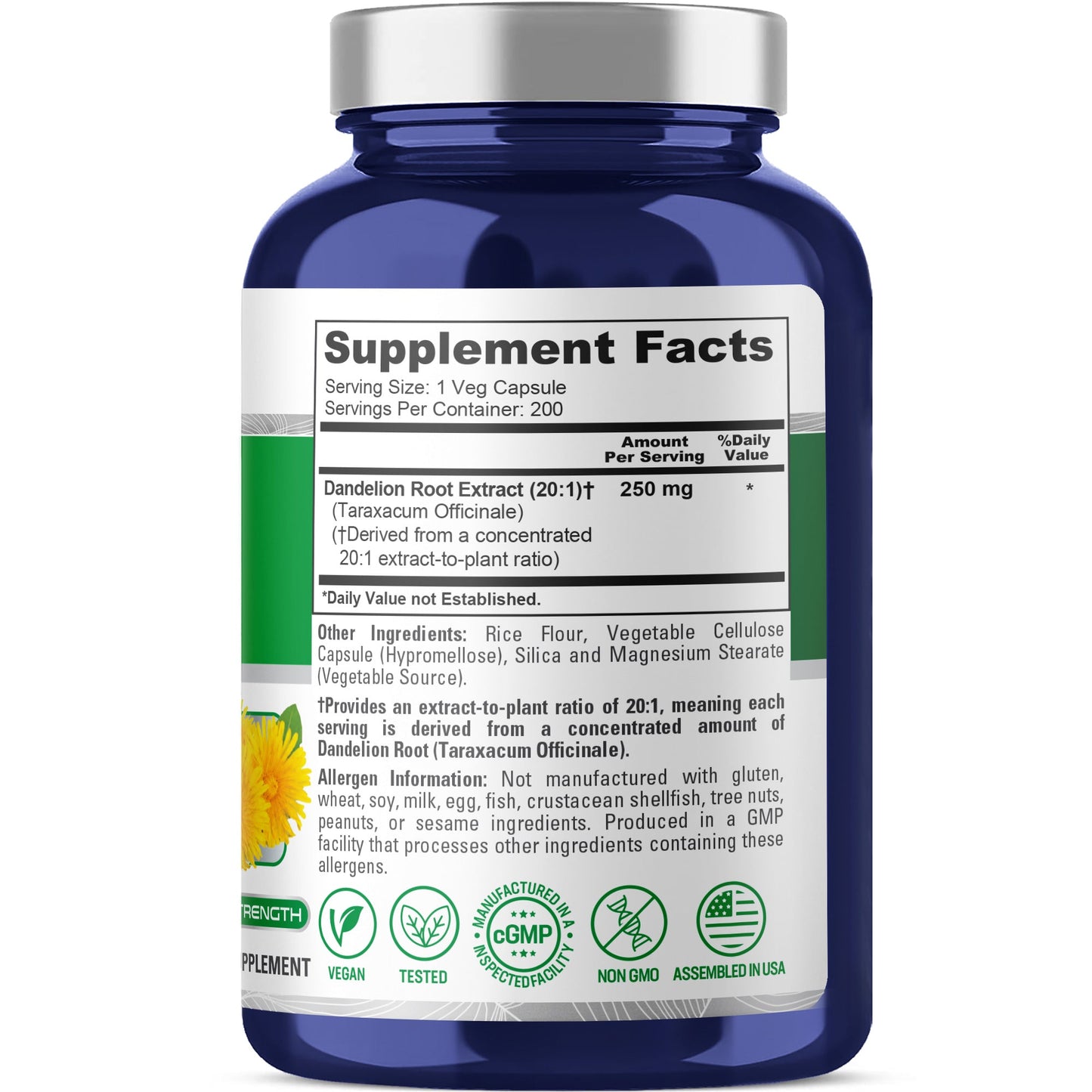 NusaPure Dandelion Root 20:1 Extract, 250 mg 200 Veg Capsules (Vegan, Non-GMO)