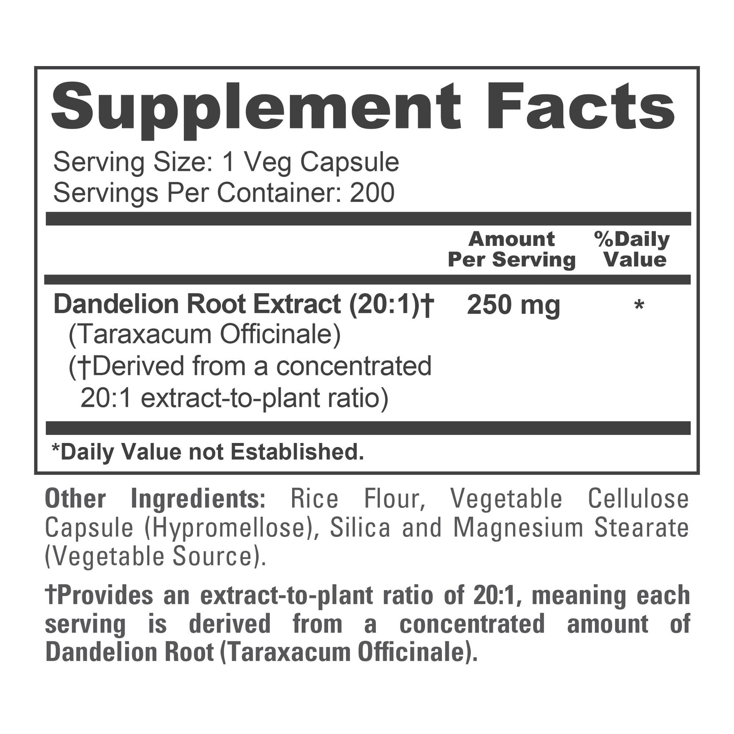 NusaPure Dandelion Root 20:1 Extract, 250 mg 200 Veg Capsules (Vegan, Non-GMO)