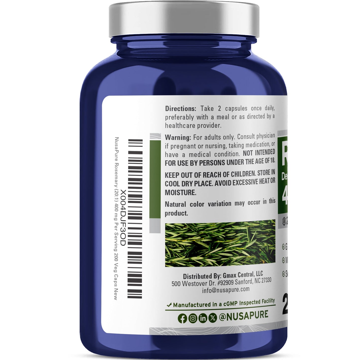NusaPure Rosemary Capsules | 20:1 Extract, 400 mg | 200 Veggie Caps | Non-GMO & Vegan