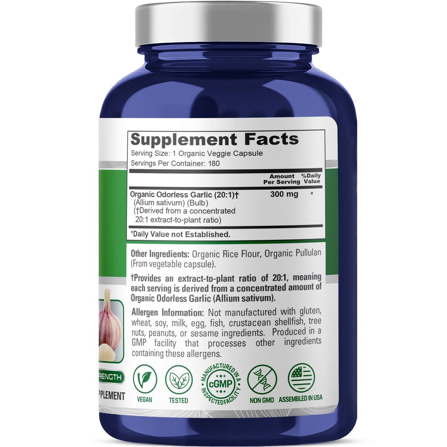 NusaPure Organic Garlic Super Odorless 20:1 Extract, 300 mg | 180 Veggie Capsules | USDA Organic | Herbal Supplement | Non-GMO, Vegan