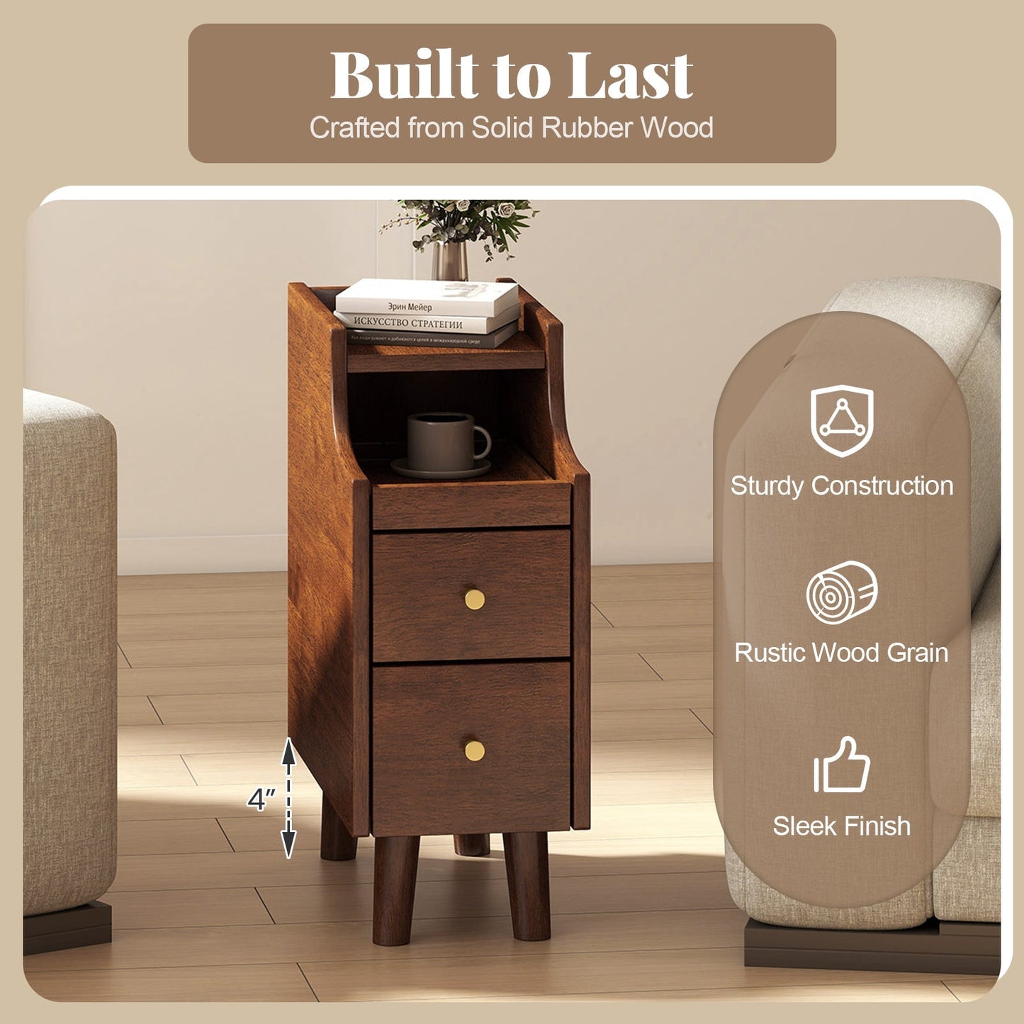 Solid Wood End Table Narrow Bedside Table with Pull-out Tray and 2 Storage Drawers-Brown
