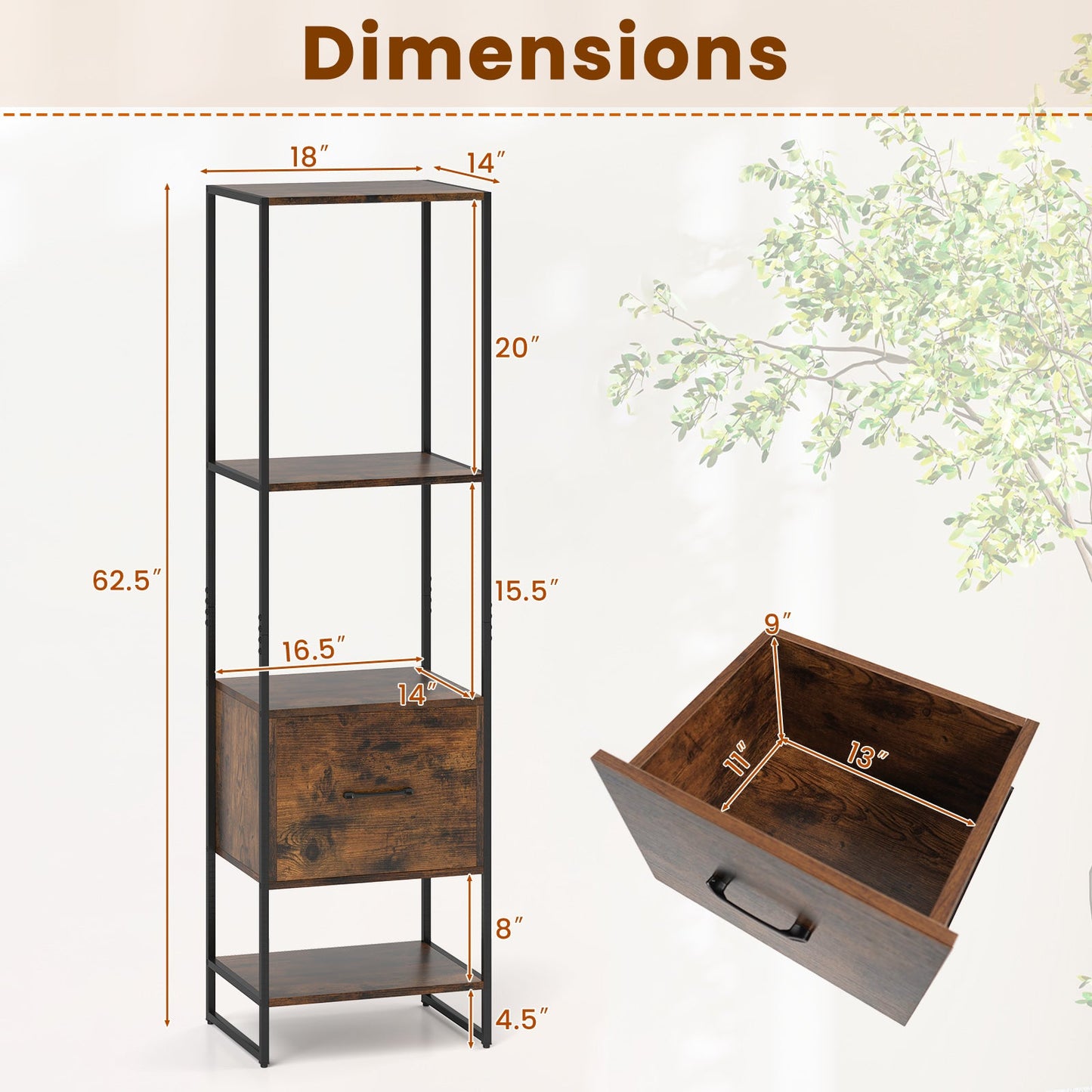 5-Tier Narrow Bookcase with 4 Open Shelves and Storage Drawer