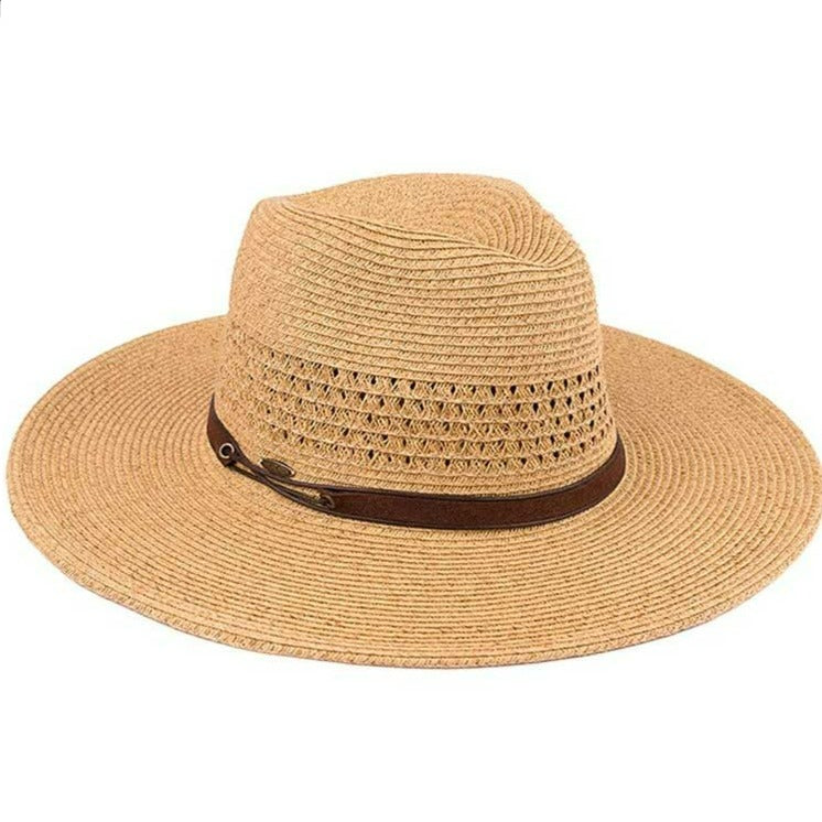 C.C Women's Faux Leather String Paper Straw Panama Hat Sun