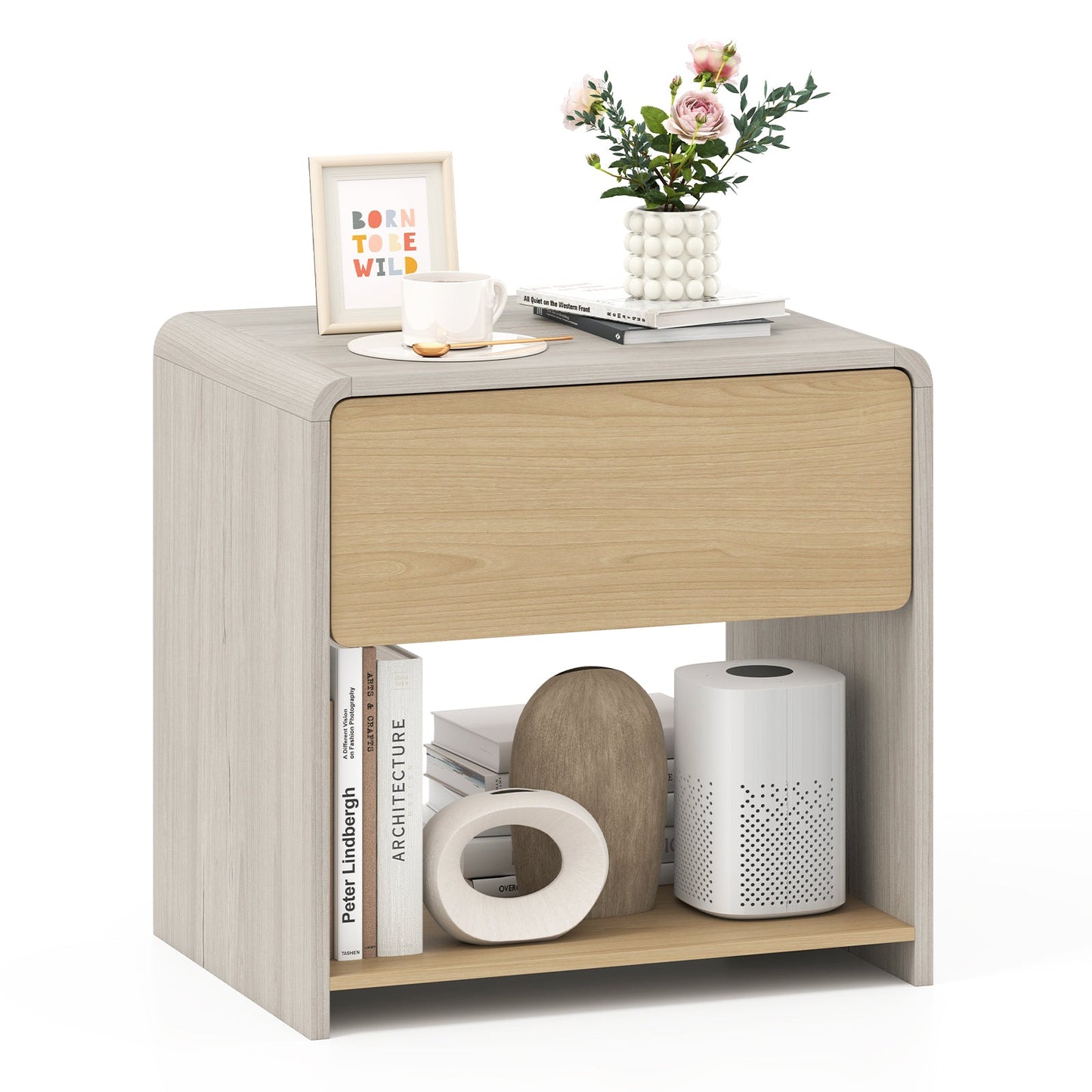 2-Tier Modern Style Nightstand with Drawer and Open Shelf-Oak