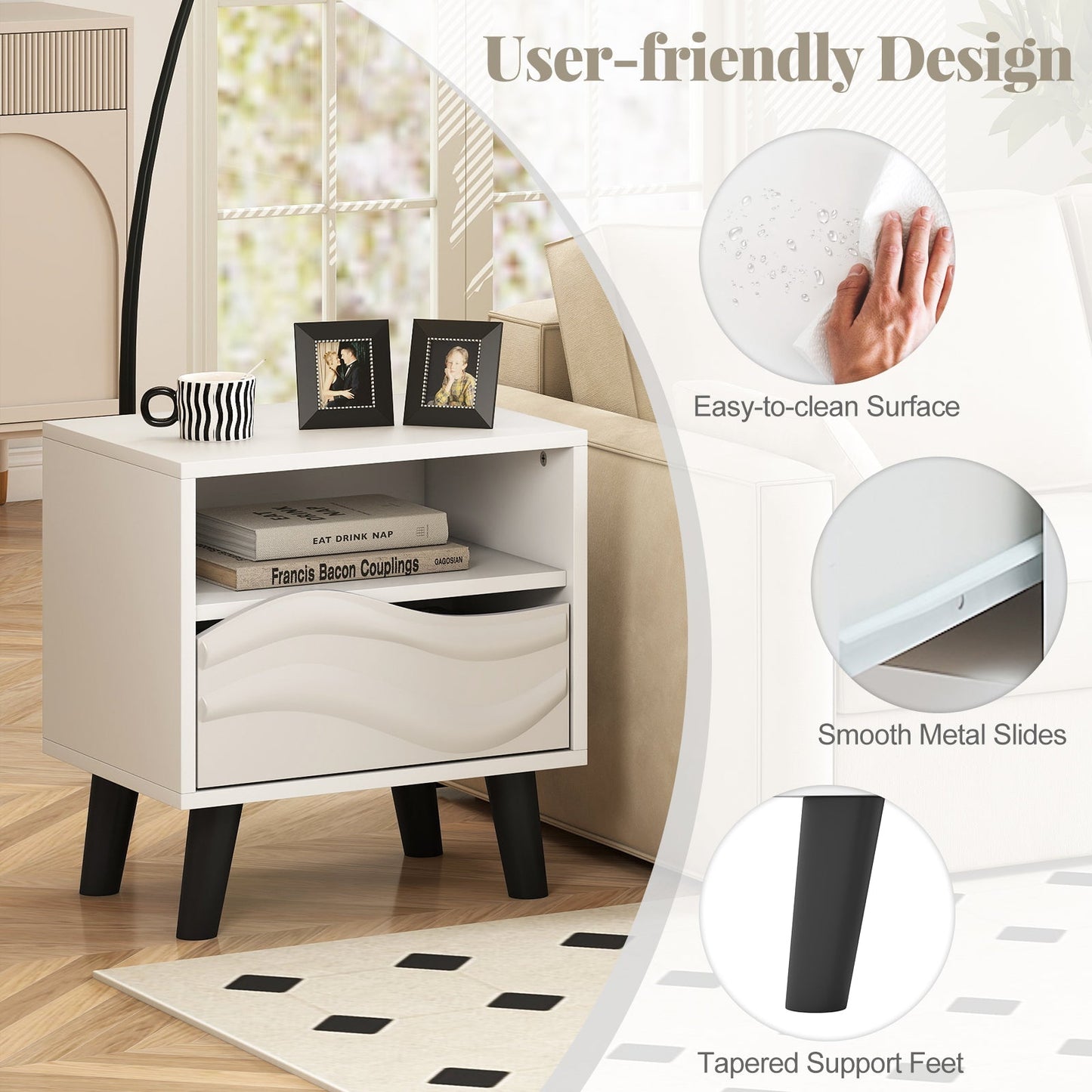 Nightstand Mid Century Modern Bedside Table with 3D Wavy Pattern and Open Shelf-White