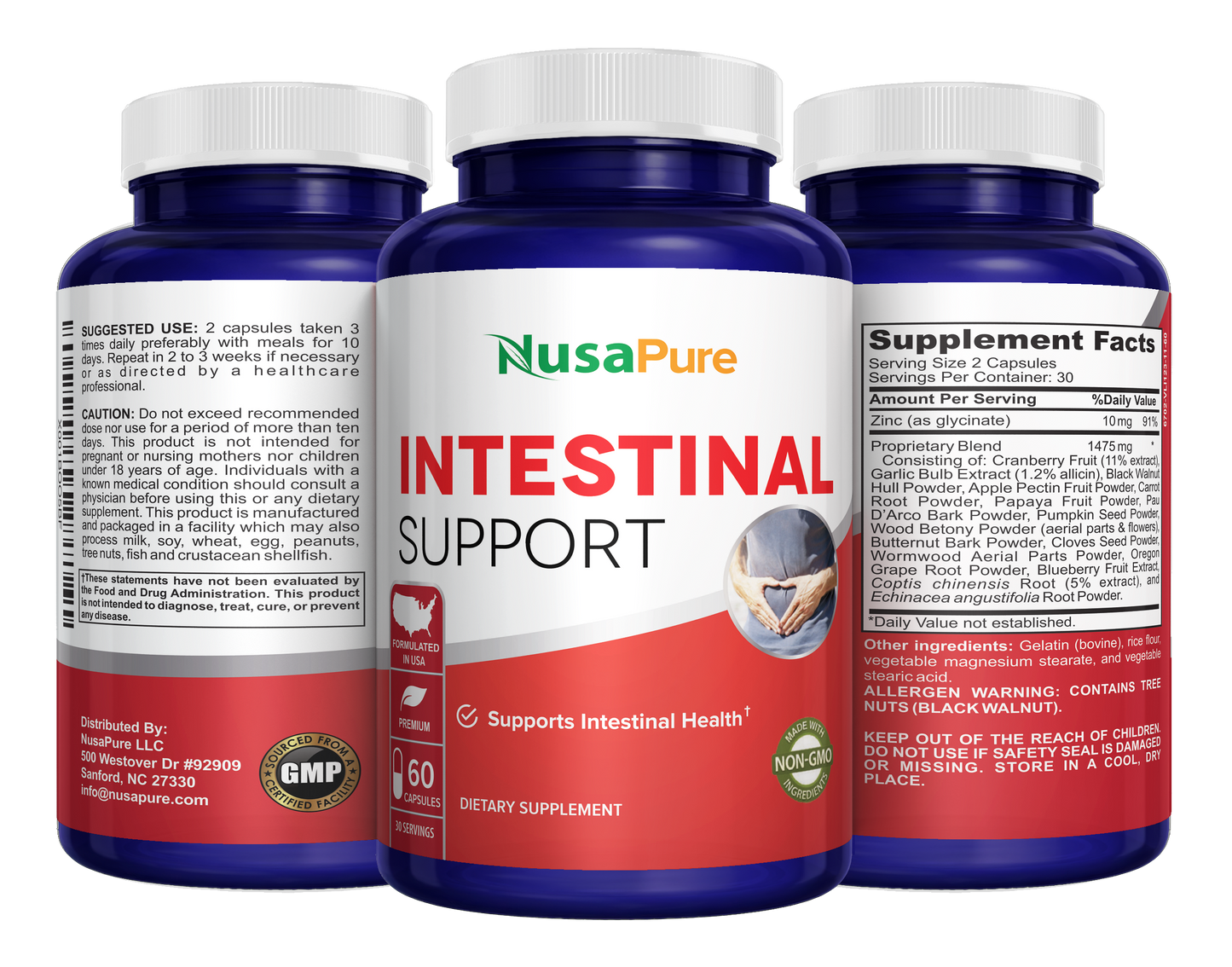 NusaPure Intestinal Support for Humans (Non-GMO), Wormwood, Garlic, Black Walnut Hull, 60 Capsules