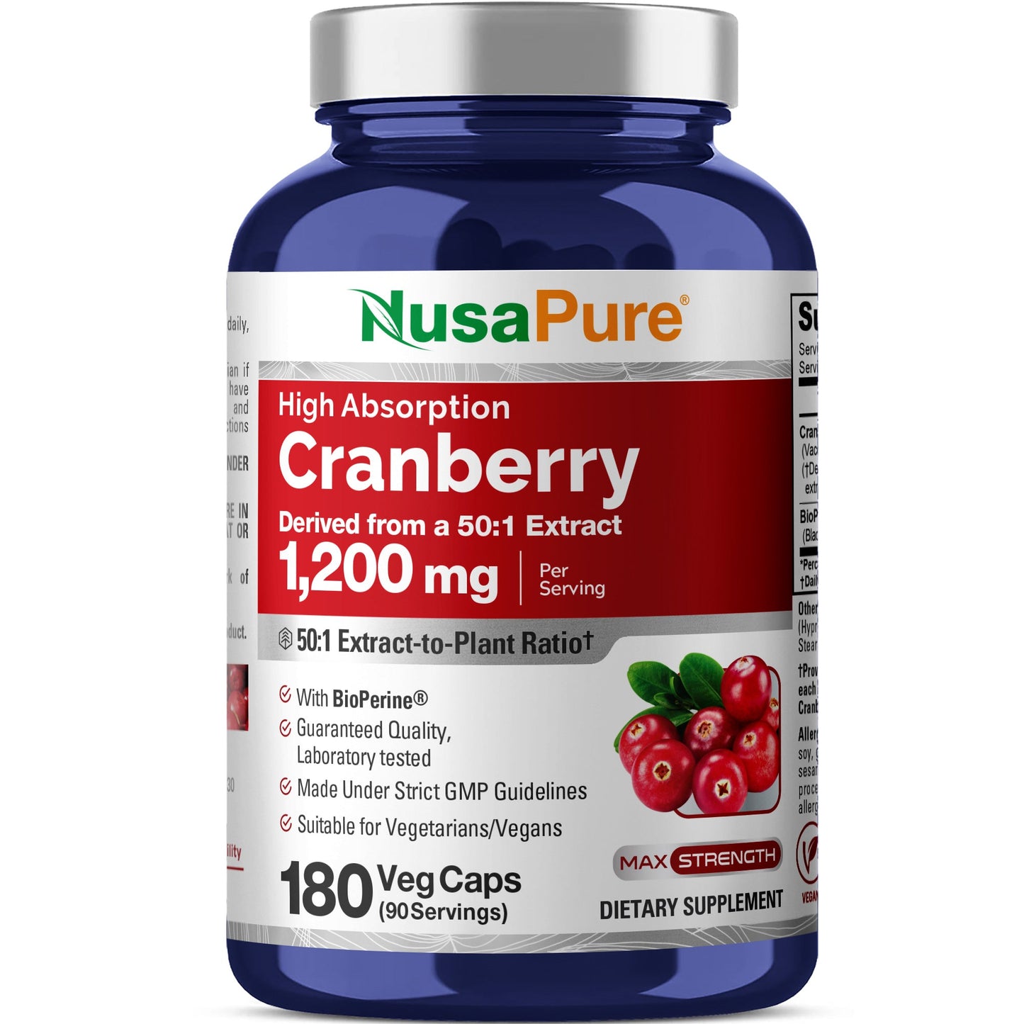NusaPure Cranberry 1,200 mg 180 Veg Caps (Bioperine, Non-GMO, Vegan)
