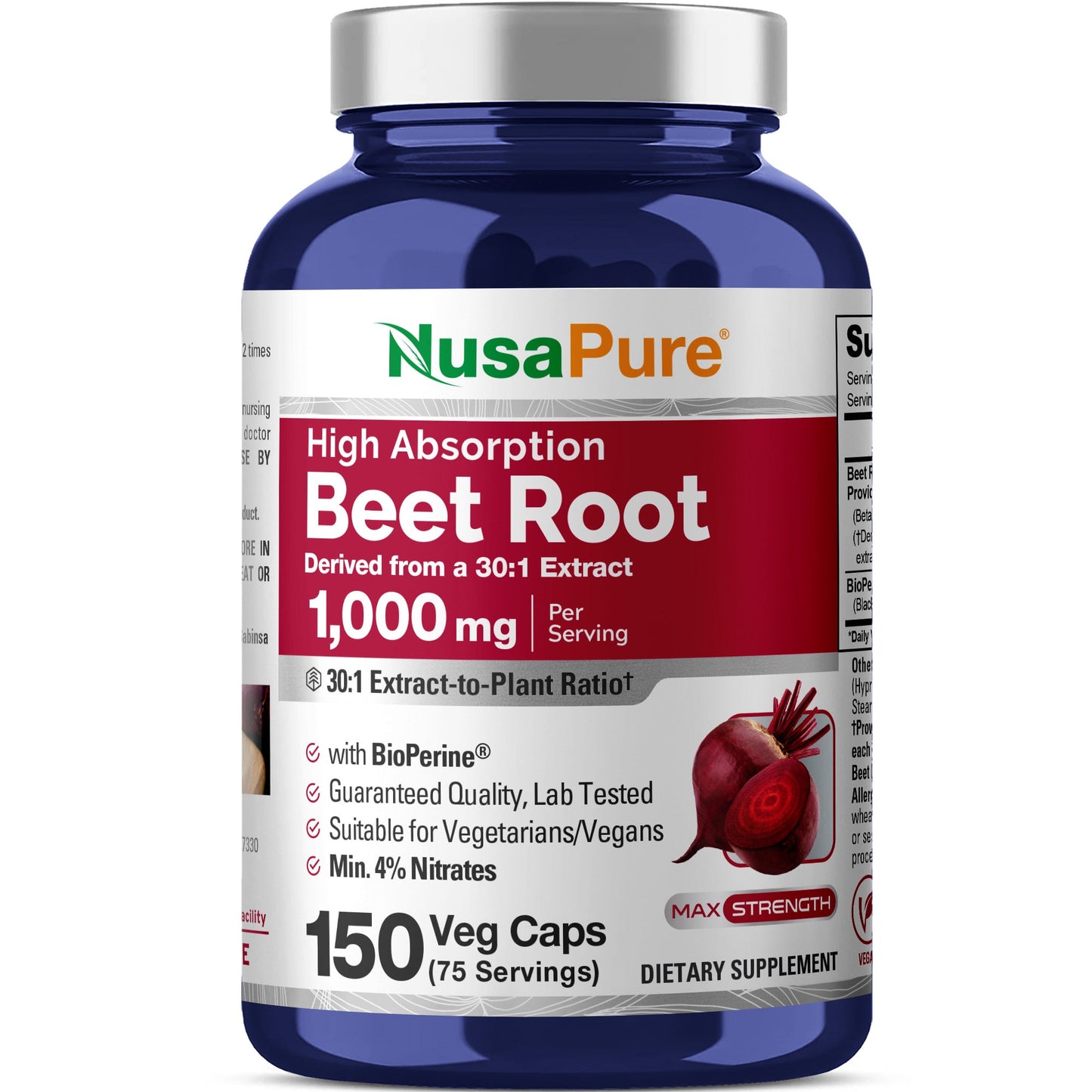 NusaPure Beet Root 30:1 Extract, 1000mg 150 Veggie caps (Vegan, Non-GMO & Vegan 4% Nitrates) Bioperine