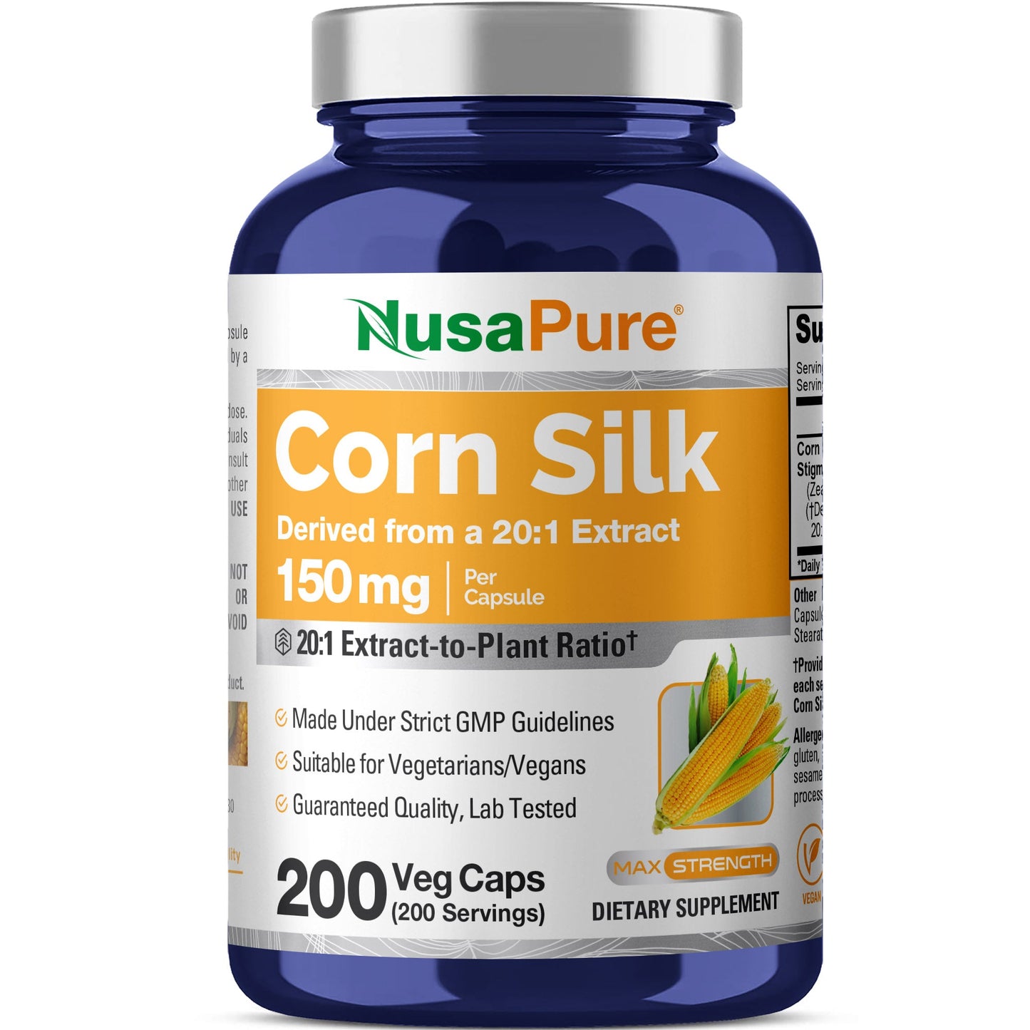 NusaPure Corn Silk Extract 150 mg per Caps - 200 Veggie Caps (100% Vegetarian, Non-GMO, Extract 20:1, Vegan)