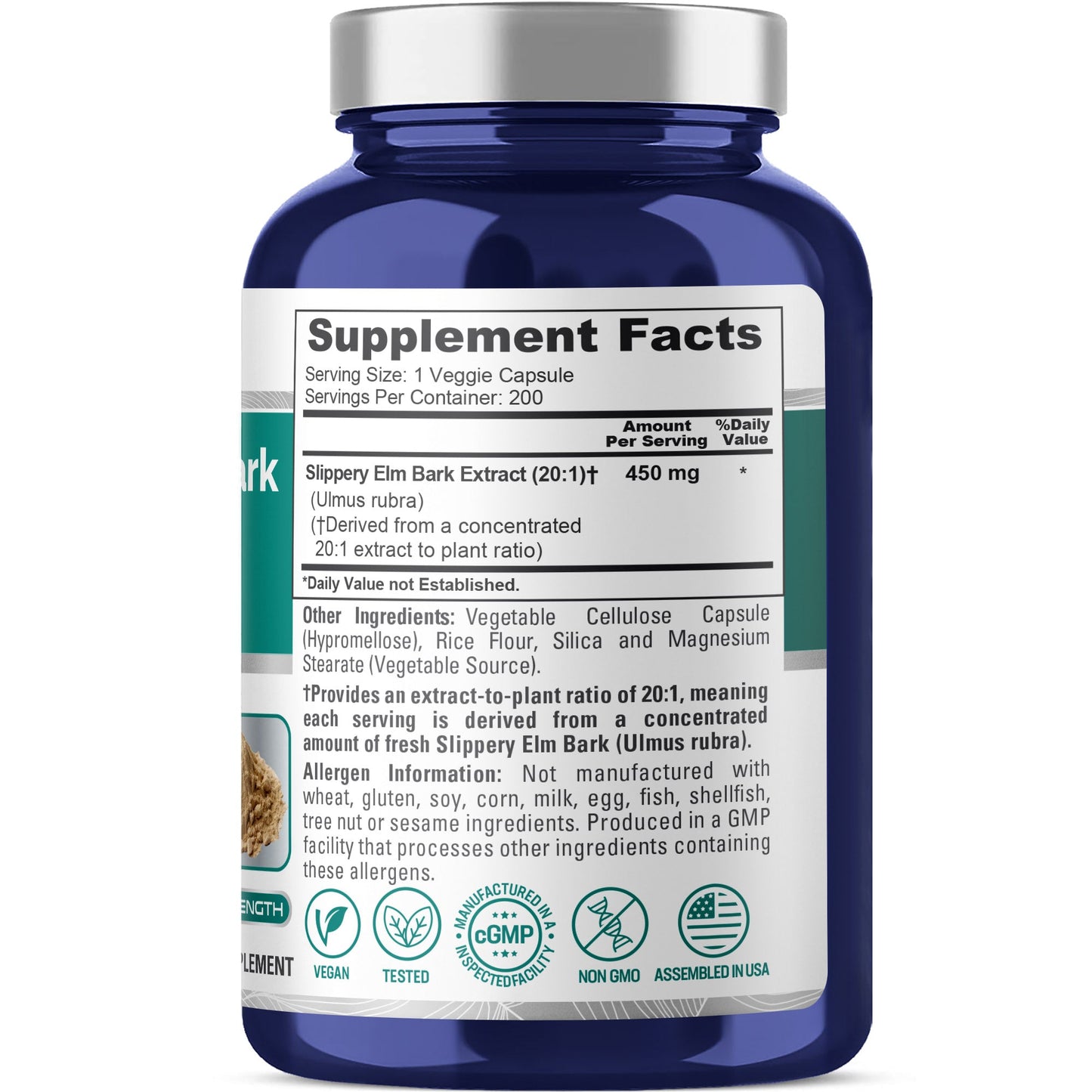 NusaPure Slippery Elm Bark 20:1 Extract, 450 mg 200 Veggie Capsules (Non-GMO, Vegan)