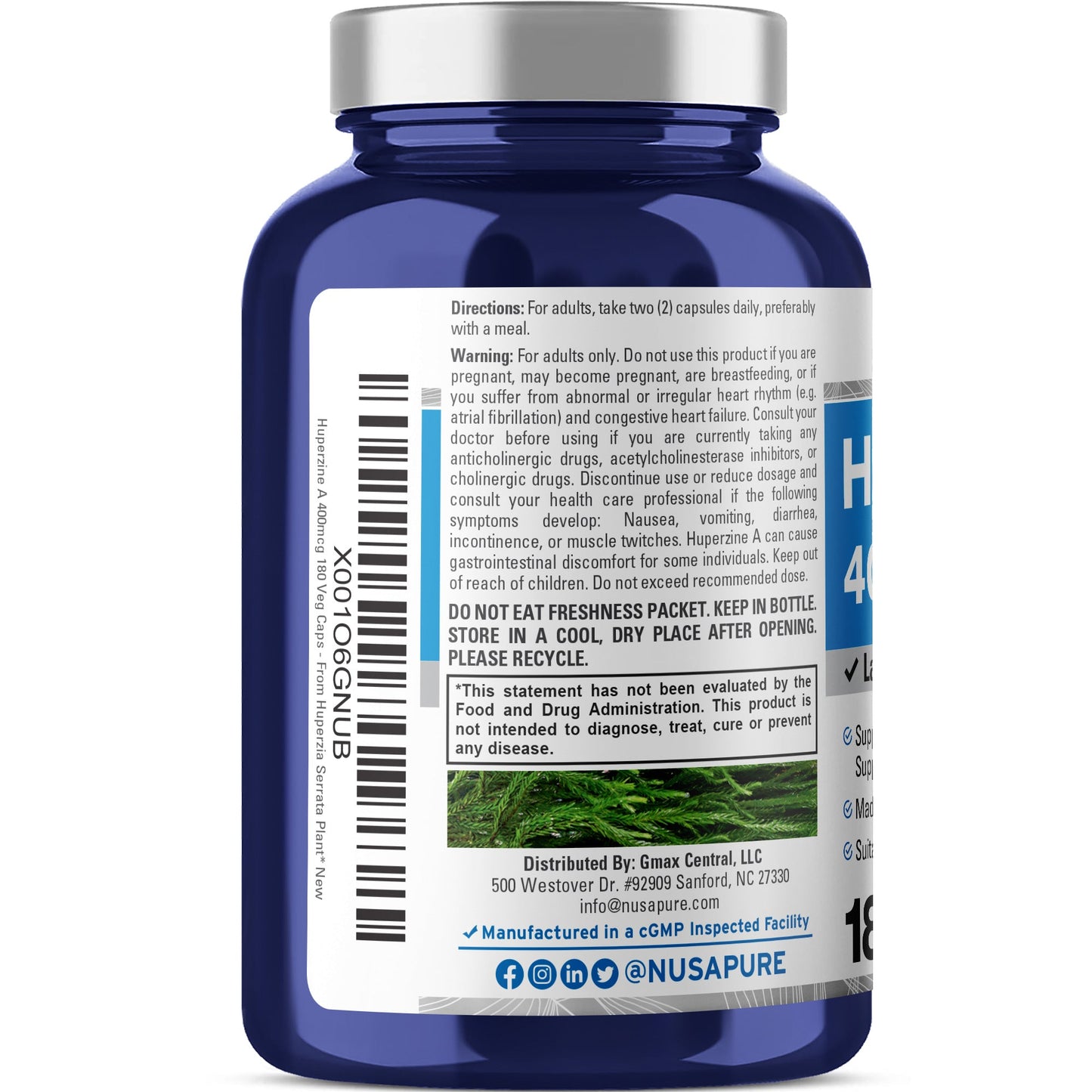 NusaPure Huperzine A 400mcg 180 Veggie Capsules (Vegetarian, Non-GMO, Vegan)