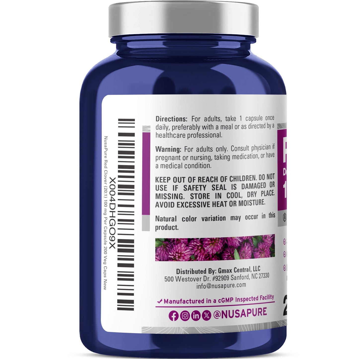 NusaPure Red Clover Blossoms 20:1 Extract, 100 mg 200 Veg Capsules Trifolium Pratente L. Suitable for Vegetarians/Vegan Non GMO Dietary Supplement