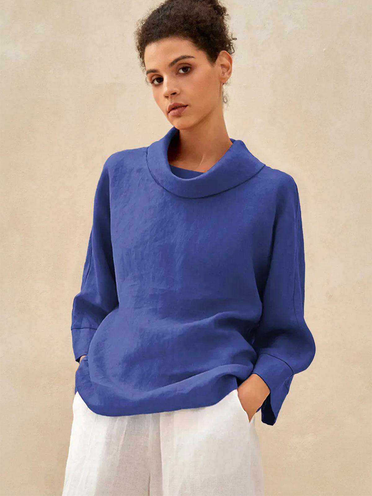 Linen-Cotton Dropped Collar Long-Sleeve Top TRISTAN