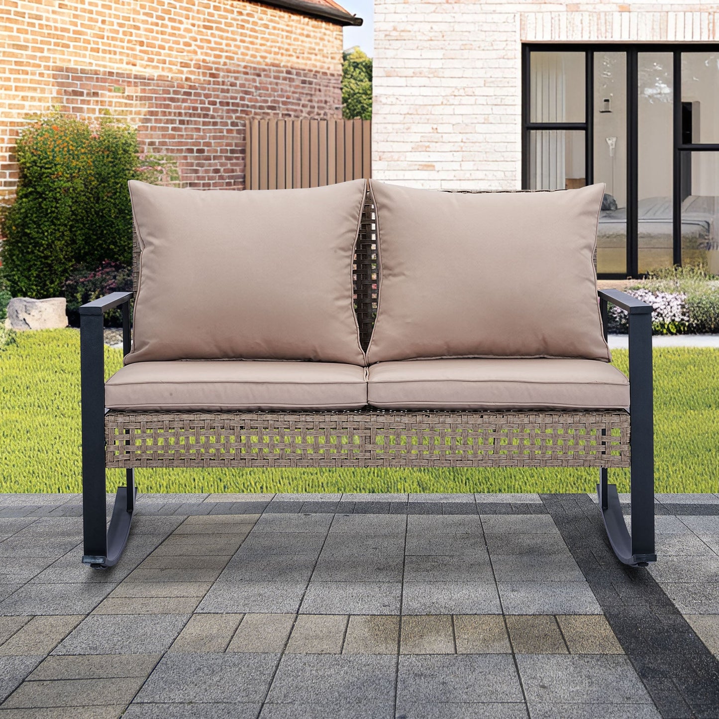 Ainfox Outdoor Patio Furniture Rocking Loveseat, Wicker Rattan Sofa