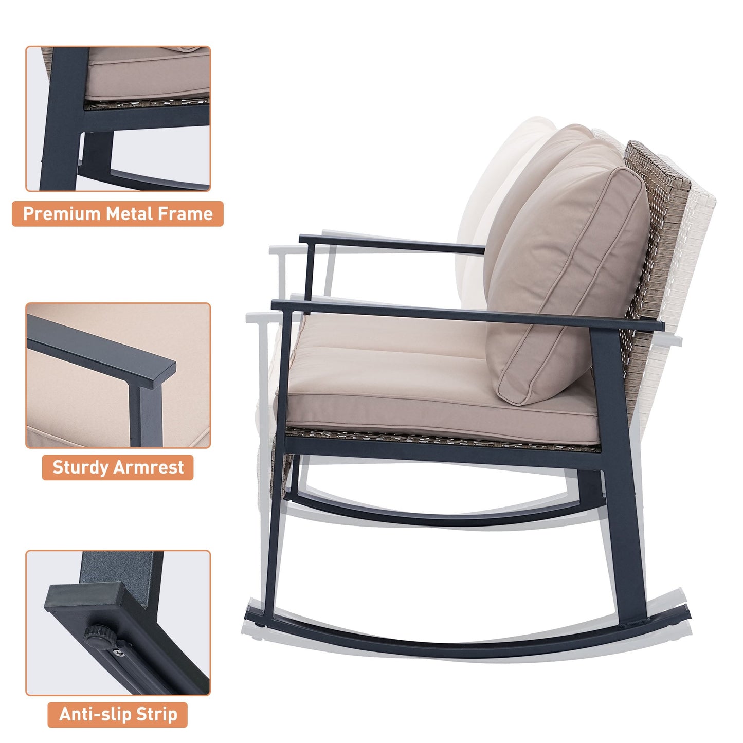 Ainfox Outdoor Patio Furniture Rocking Loveseat, Wicker Rattan Sofa