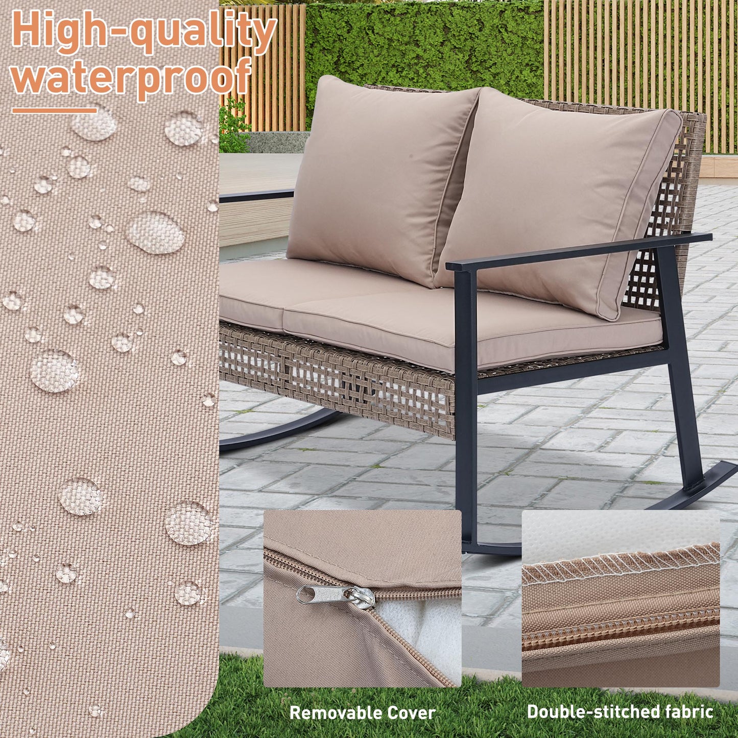Ainfox Outdoor Patio Furniture Rocking Loveseat, Wicker Rattan Sofa
