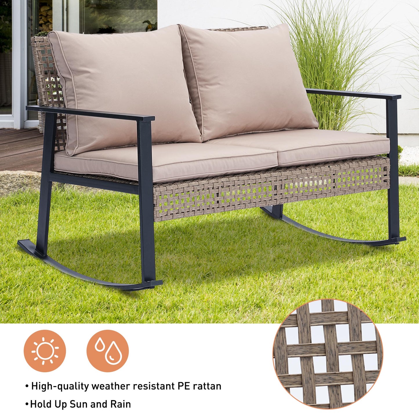 Ainfox Outdoor Patio Furniture Rocking Loveseat, Wicker Rattan Sofa