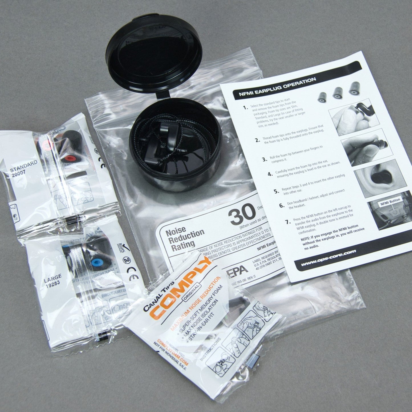 NFMI Earplugs by Ops-Core - Case & All Tip Sizes Included - Comfortable Hearing Protection