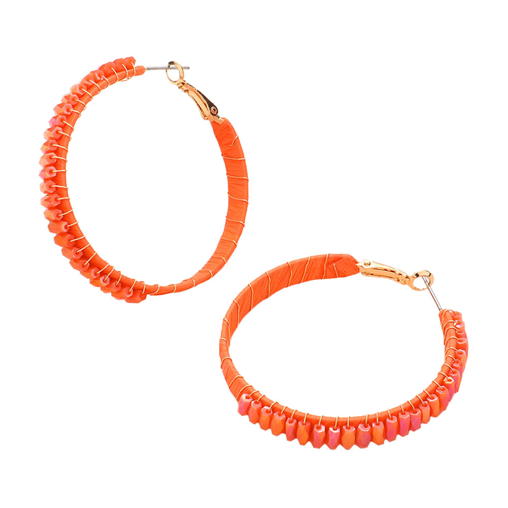 Rectangle Bead Trimmed Raffia Wrapped Hoop Earrings