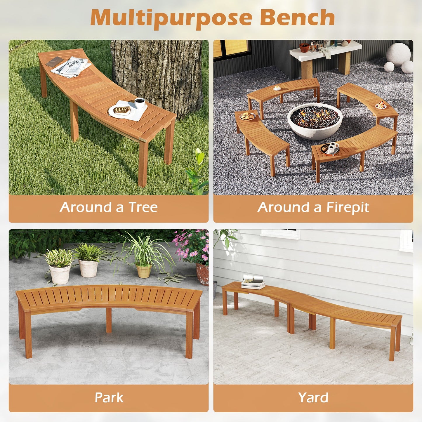Outdoor Curved Acacia Wood Fire Pit Bench with Slatted Seat