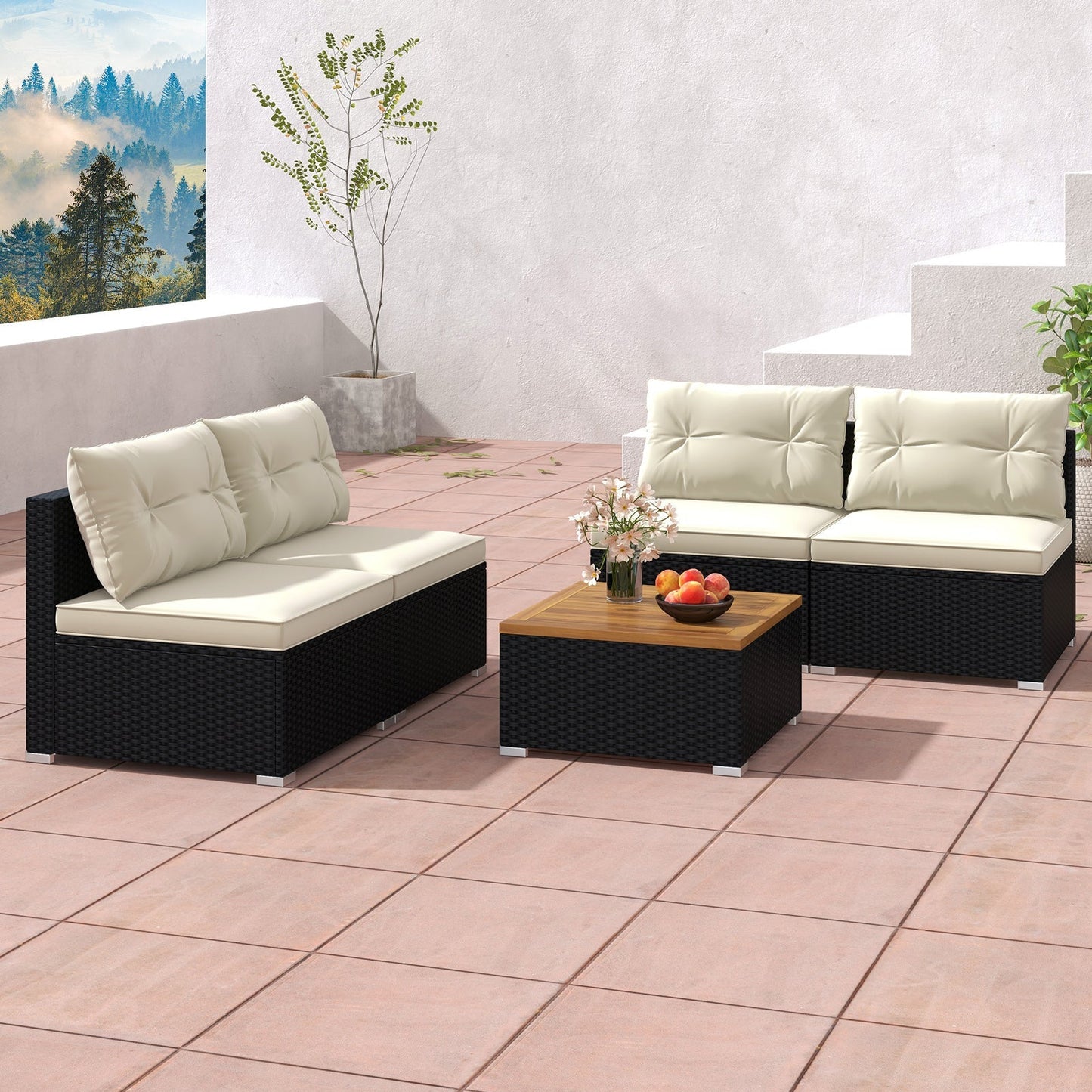 5 Piece Outdoor Furniture Set with Solid Tabletop and Soft Cushions
